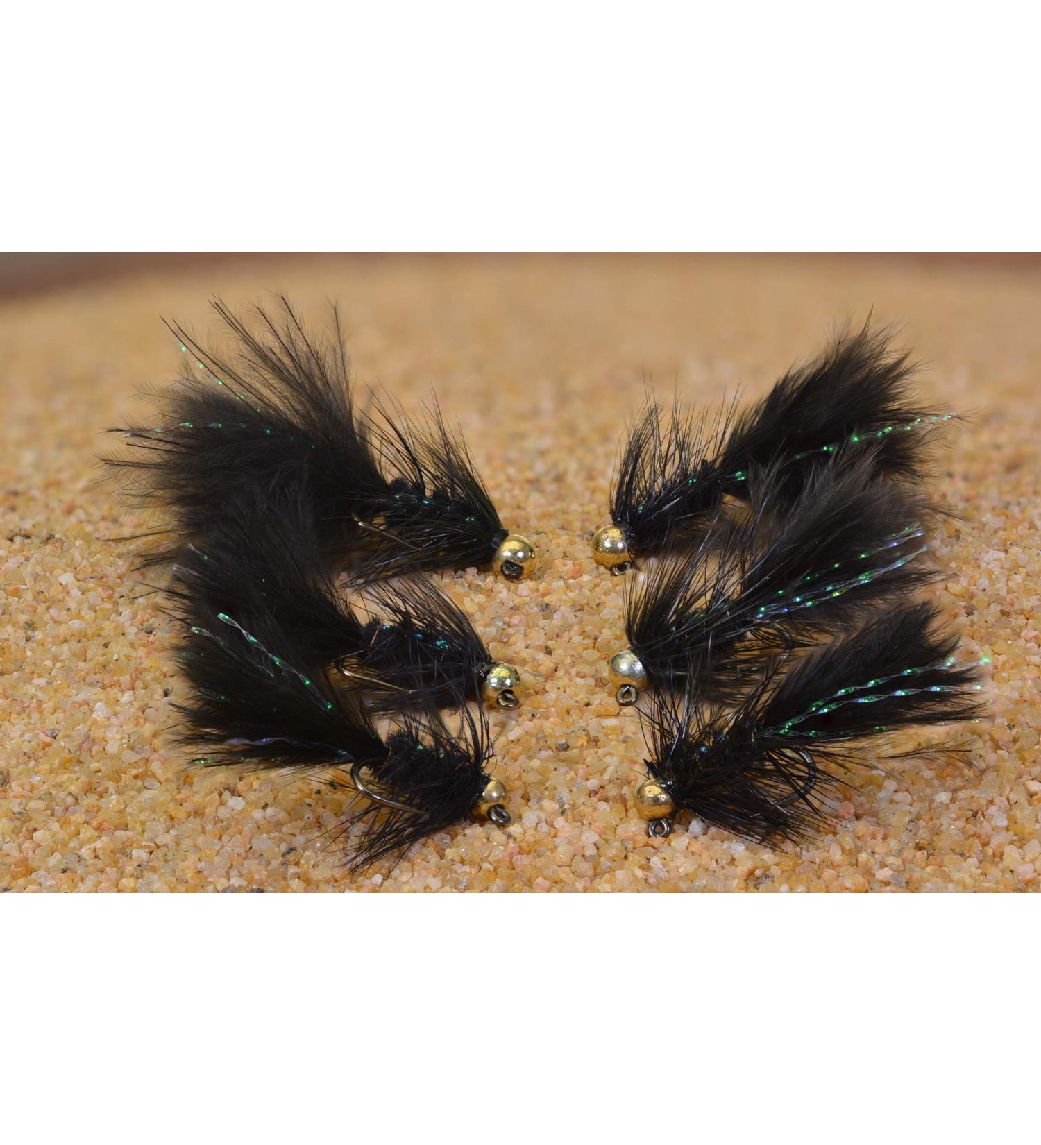 Region Fishing 6 Ct - Tungsten Micro Black Wooly Bugger Jig Head Fly - Euro Nymph - Hanak Hook Assortment