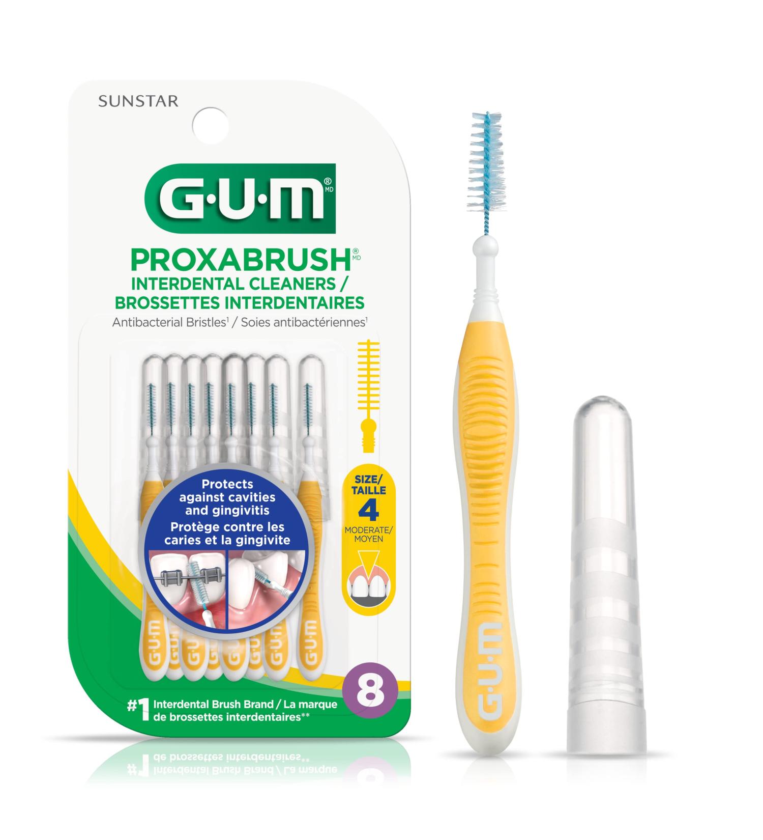 GUM Proxabrush Go-Betweens Reusable Interdental Cleaners Antibacterial Bristles Protective Travel Cap 1514D Yellow Size 4 Moderate 8 Count Moderate 1 count (Pack of 8) Yellow - Buy Online on GoSupps.com