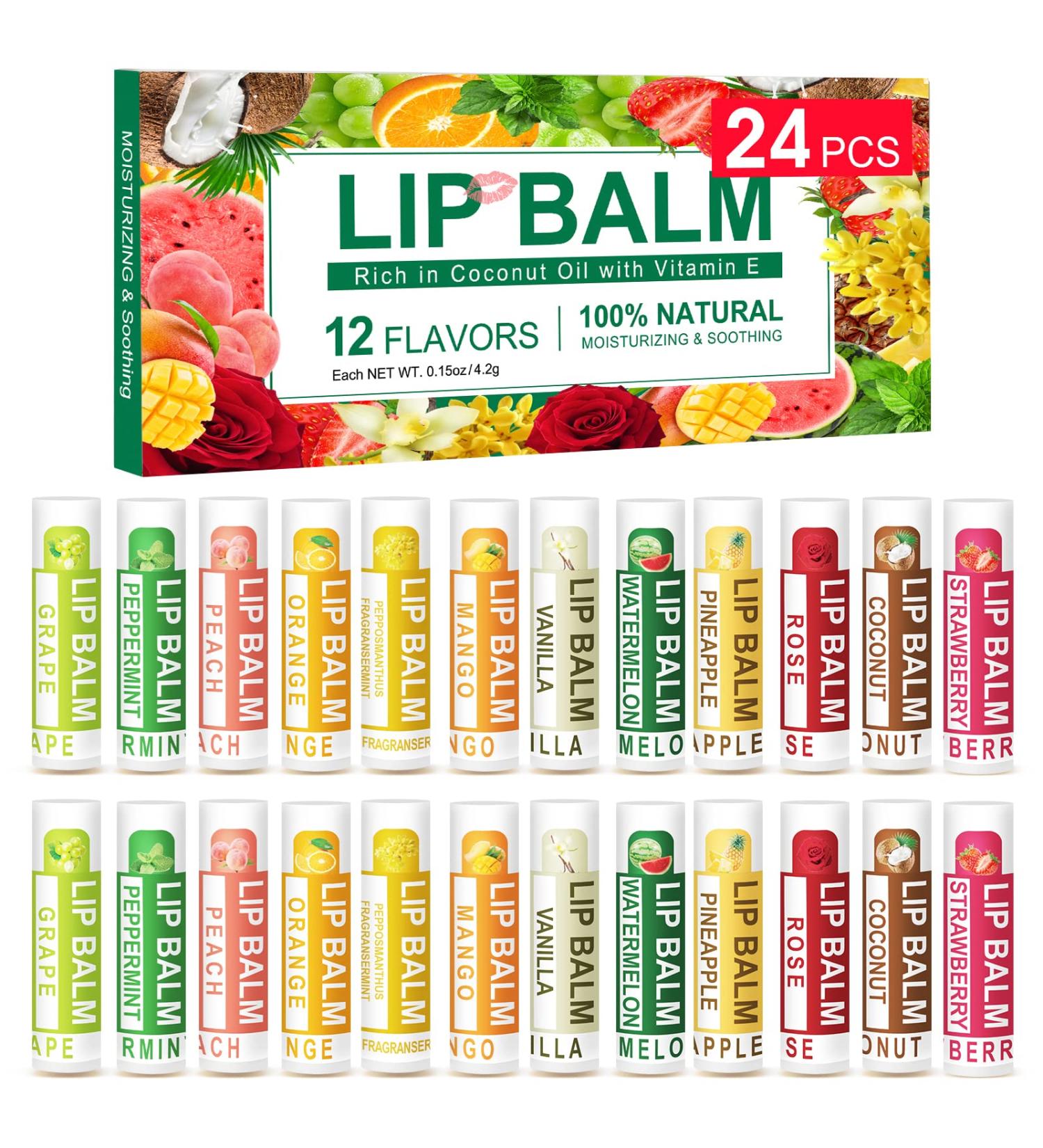 24-Pack DMSKY Vitamin E Lip Balm with Coconut Oil SPF 15 - Moisturizing Chapped Lips - 12 Natural Flavors - Green Pack - Buy Online on GoSupps.com