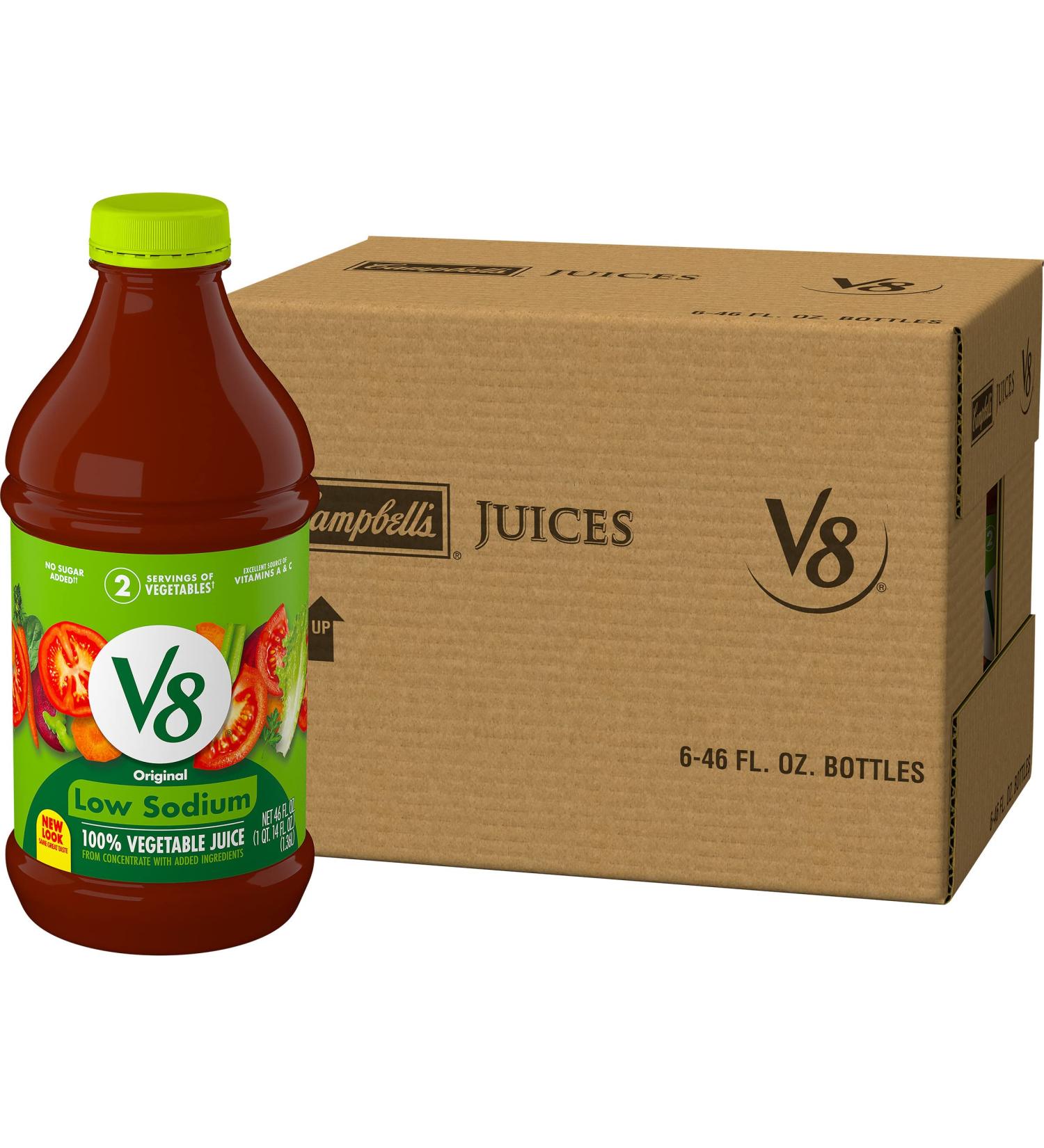 V8 Low Sodium Original Vegetable Juice 46 FL OZ Bottle (Pack of 6) - 100% Vegetable Blend with Tomato Juice - Buy Online on GoSupps.com