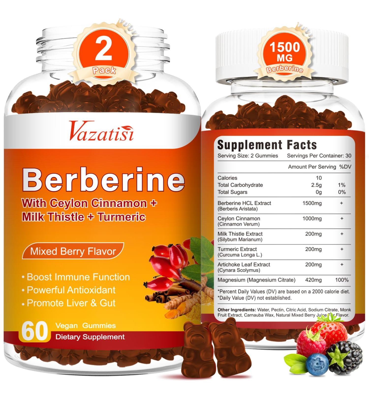 2 Pack 1500mg Berberine Gummies, High Potency Berberine Supplement with Ceylon Cinnamon Gummies, Turmeric, Magnesium, Sugar Free, Non-GMO, Gluten-Free - Mixed Berry Flavored 120 Gummies Mixed Berry 60 Count (Pack of 2) - Buy Online on GoSupps.com