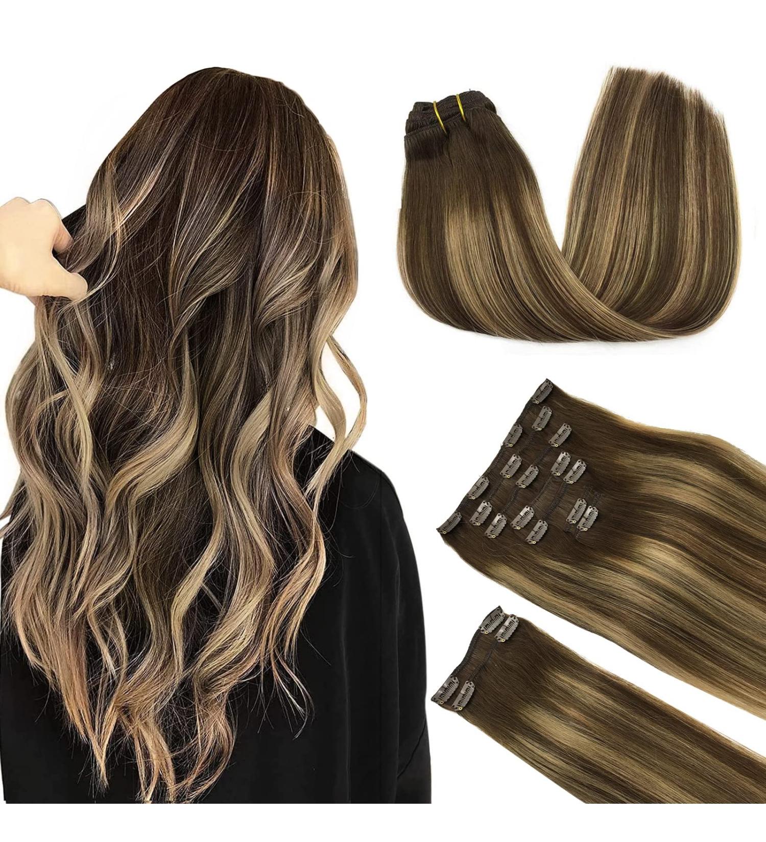 Doores Clip-In Extensions | Real Hair Balayage Chocolate Brown to Caramel Blonde | 55cm 22 Inch | 150g Remy Human Hair | Thick Straight Hair 9 Pieces - Buy Online on GoSupps.com