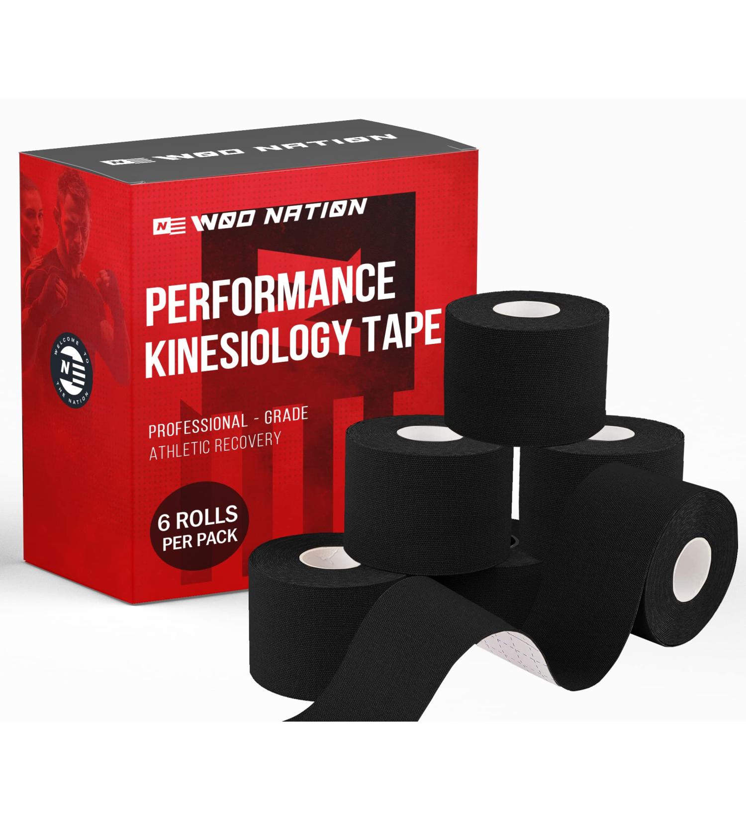 WOD Nation Latex-Free Kinesiology Tape Roll 6-Pack - Waterproof Athletic Tape for Pain Relief - 2 Inch x 16.4 Feet Roll Black 6pk - Buy Online on GoSupps.com