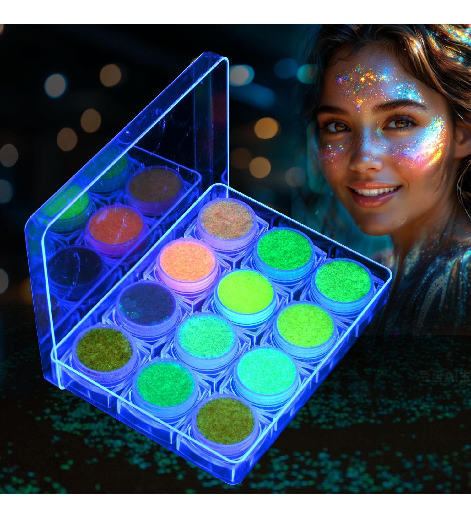  AOOWU 12 Colors Luminous Glitter Gel Chunky Glitter Makeup for Face Hair Body Cheeks and Nails Beautiful Sparkling Decoration Powder for Festival Party - Buy Online on GoSupps.com