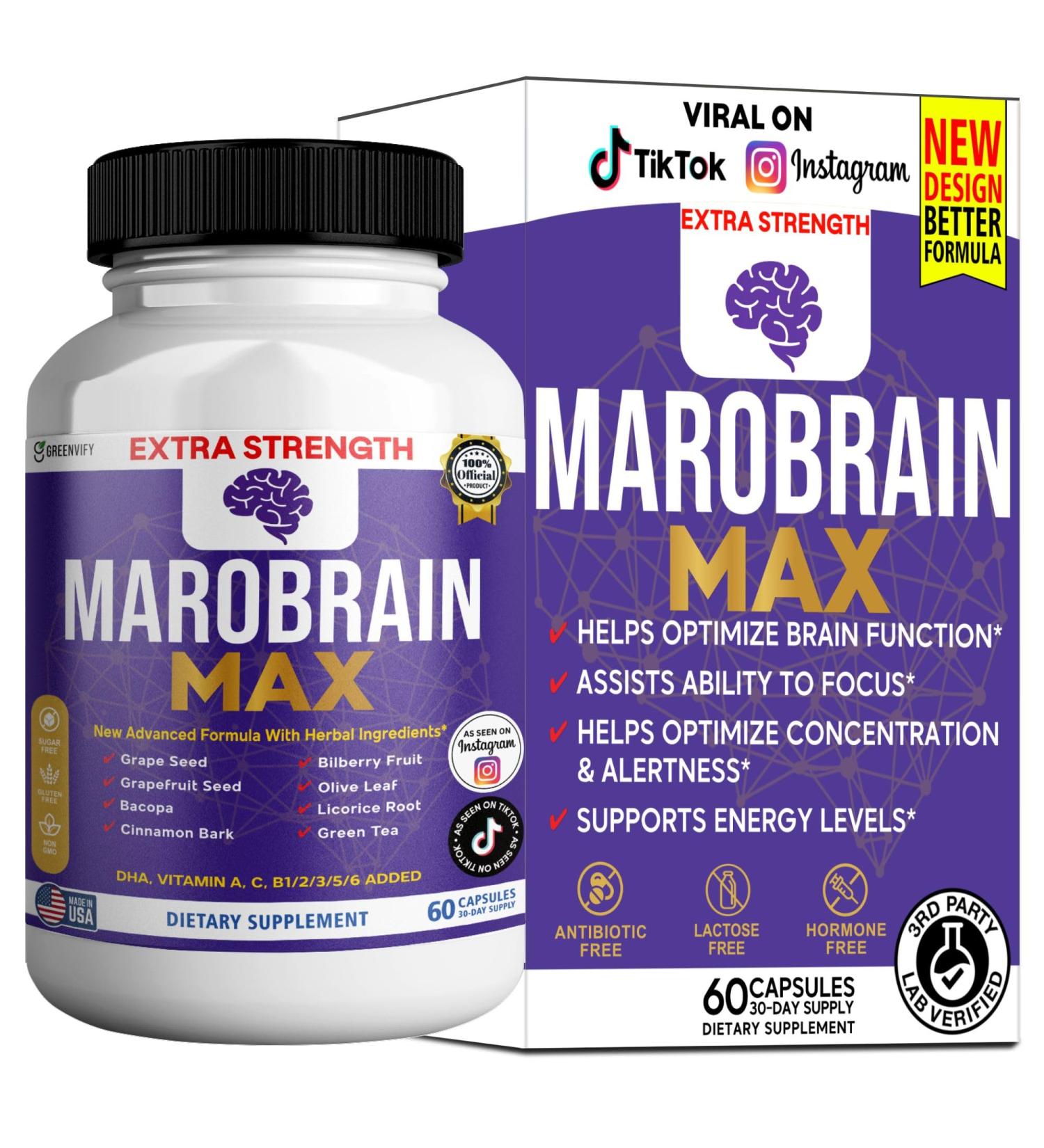 GREENVIFY MAROBRAIN MAX Extra Strength Brain Support Supplement 60 Capsules with Herbal Blend Vitamins A C D B-Complex DHA Grape Seed Bacopa (1) - Buy Online on GoSupps.com