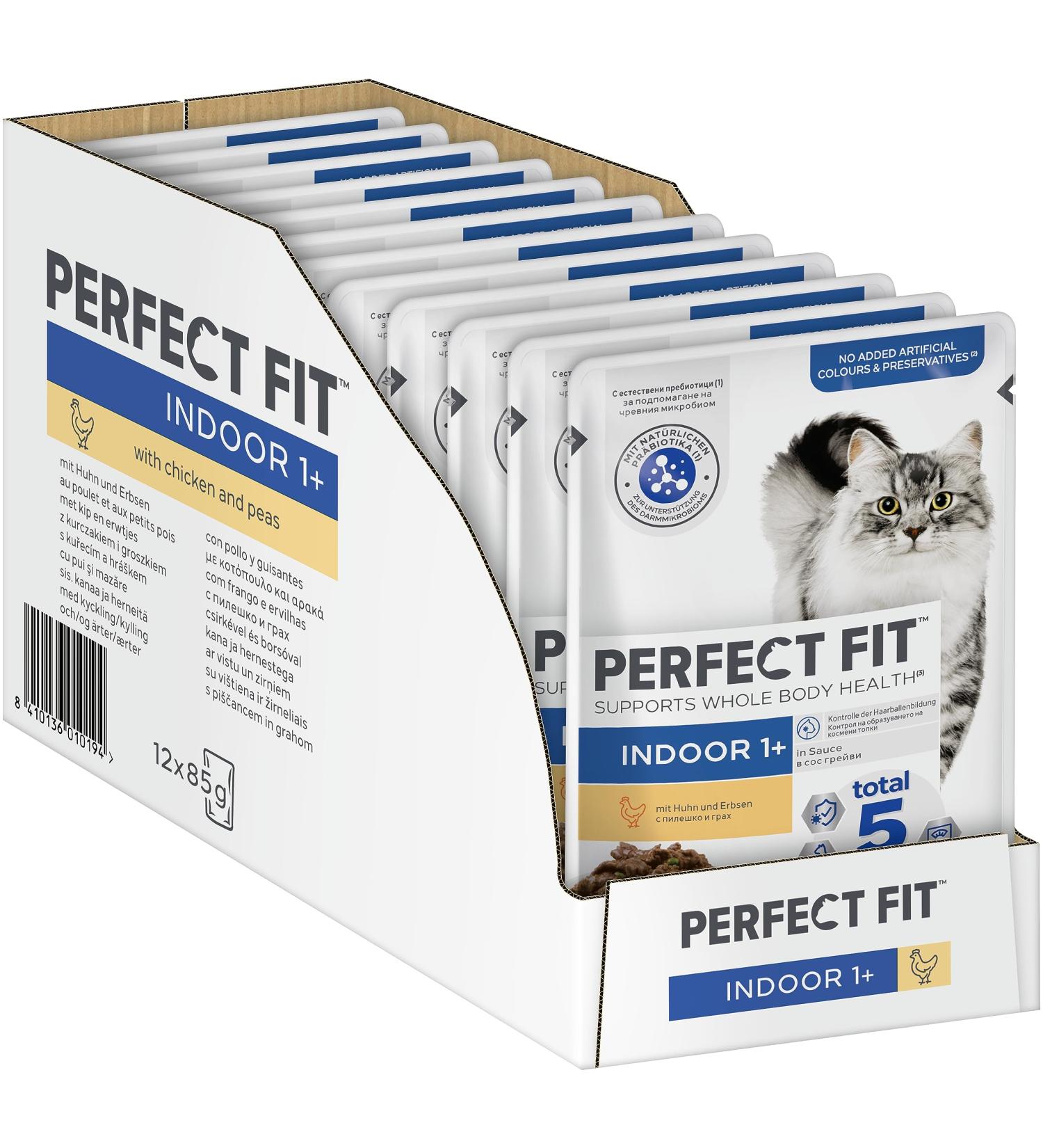 Perfect Fit Indoor Cat Food - Anti-Hairball Chicken & Peas in Sauce 12x85g Portions for Adult Cats - Buy Online on GoSupps.com