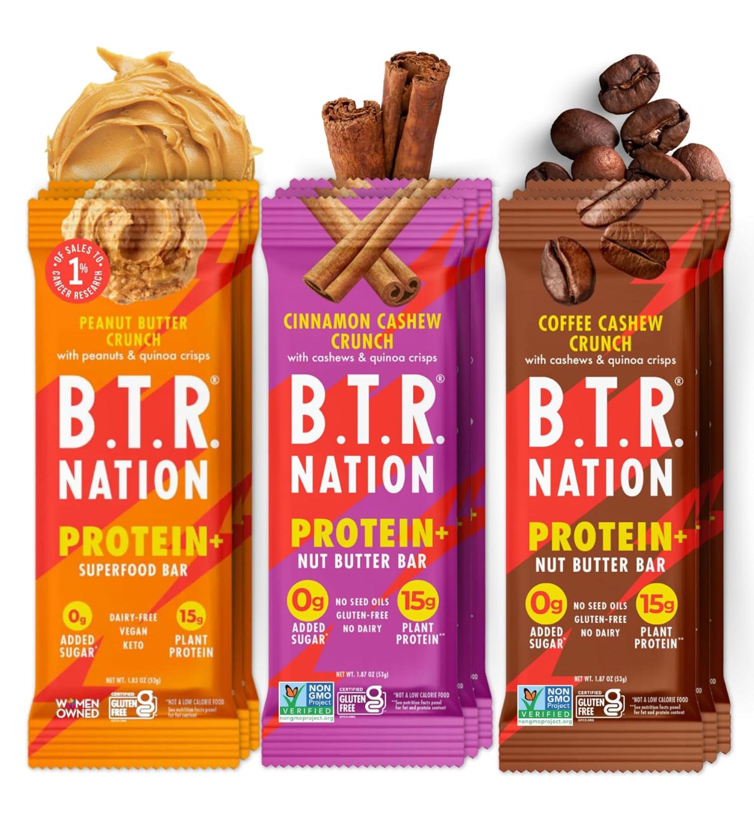 B.T.R. Nation Vegan Keto Plant Based Protein & Fiber Bars - High Protein (Sampler Pack) | (9 Pack) | Low Carb & GF Free of Sugar Alcohols Dairy Soy and Boosted with Powerful Superfoods! - Buy Online on GoSupps.com