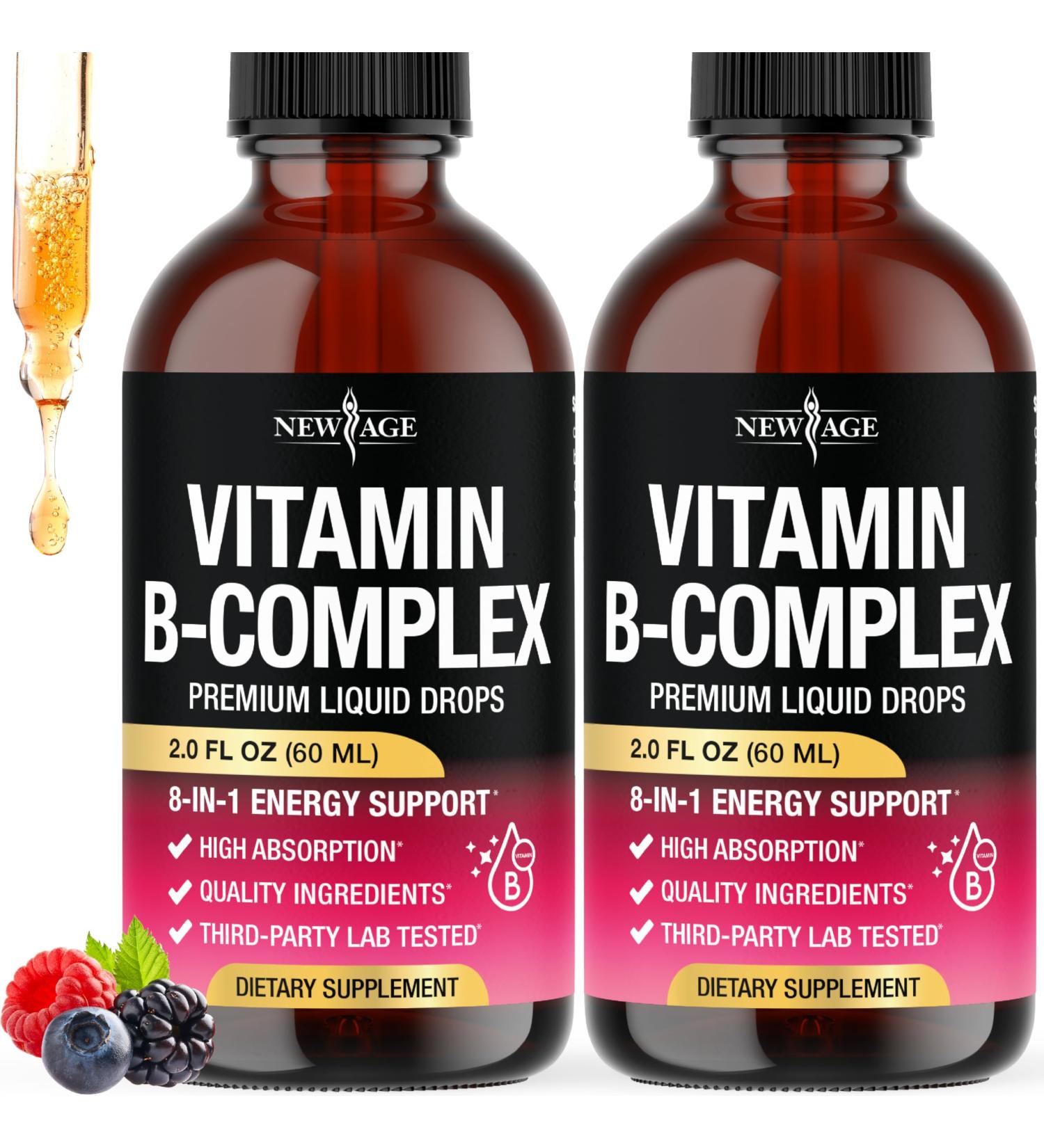 NEW AGE Vitamin B-Complex B5 Pantothenic Acid | B12 Methylcobalamin | B1 Thiamine | B6 Pyridoxine | B7 Biotin | B9 Folic | B3 Niacinamide - B Complex Liquid Drops, Made in USA Supplement - 4fl oz 2 Fl Oz (Pack of 2) - Buy Online on GoSupps.com