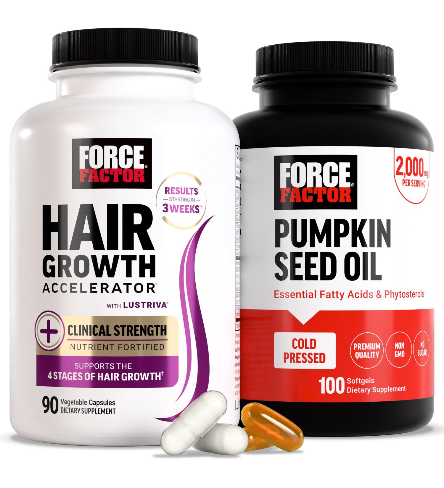 Force Factor Hair Growth Accelerator Multivitamin for Women & Men with Lustriva Biotin Horsetail & Vitamins A B12 C D & E for Thicker Hair Healthier Skin & Nails + Pumpkin Seed Oil Softgels - Buy Online on GoSupps.com