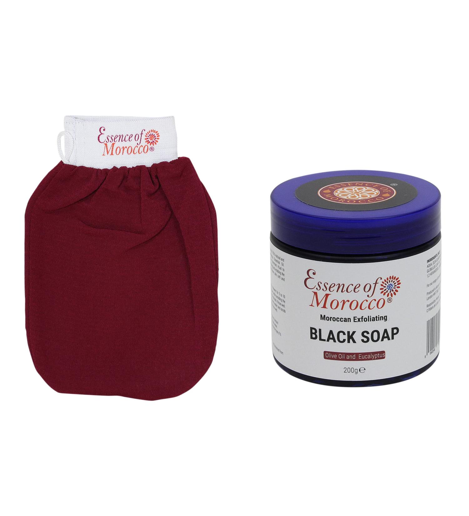 ESSENCE OF MOROCCO Moroccan Exfoliating Kessa Glove Scrubbing Mitt with Natural Eucalyptus Olive Oil Exfoliation Black Soap Spa Scrub Savon Noir 200g / 7 OZ Beldi Hammam Spa Pack - Buy Online on GoSupps.com