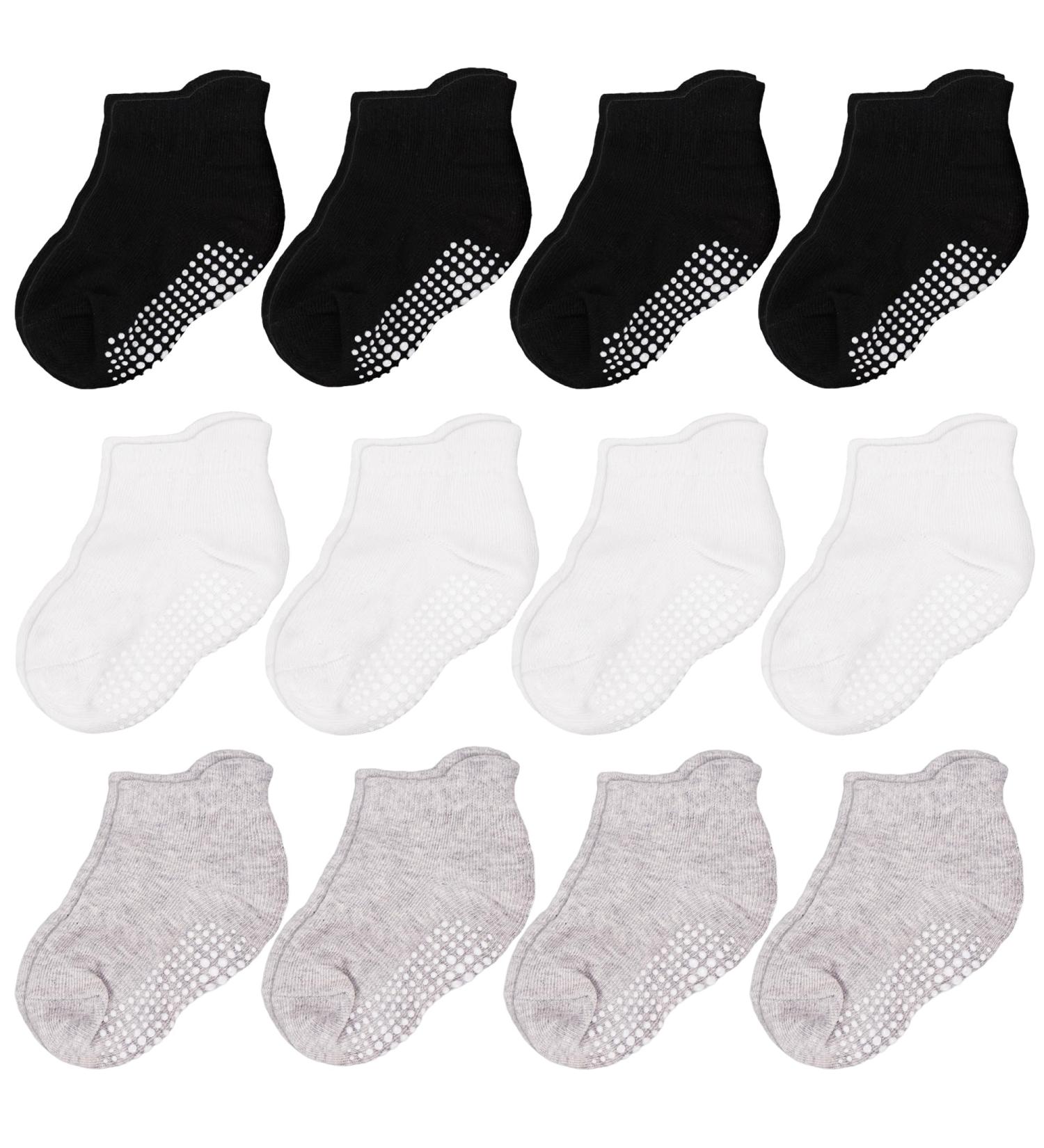 CozyWay Non-Slip Toddler Socks 3-5 Years | 12 Pairs Black White Grey | Ankle Style with Grippers - Buy Online on GoSupps.com