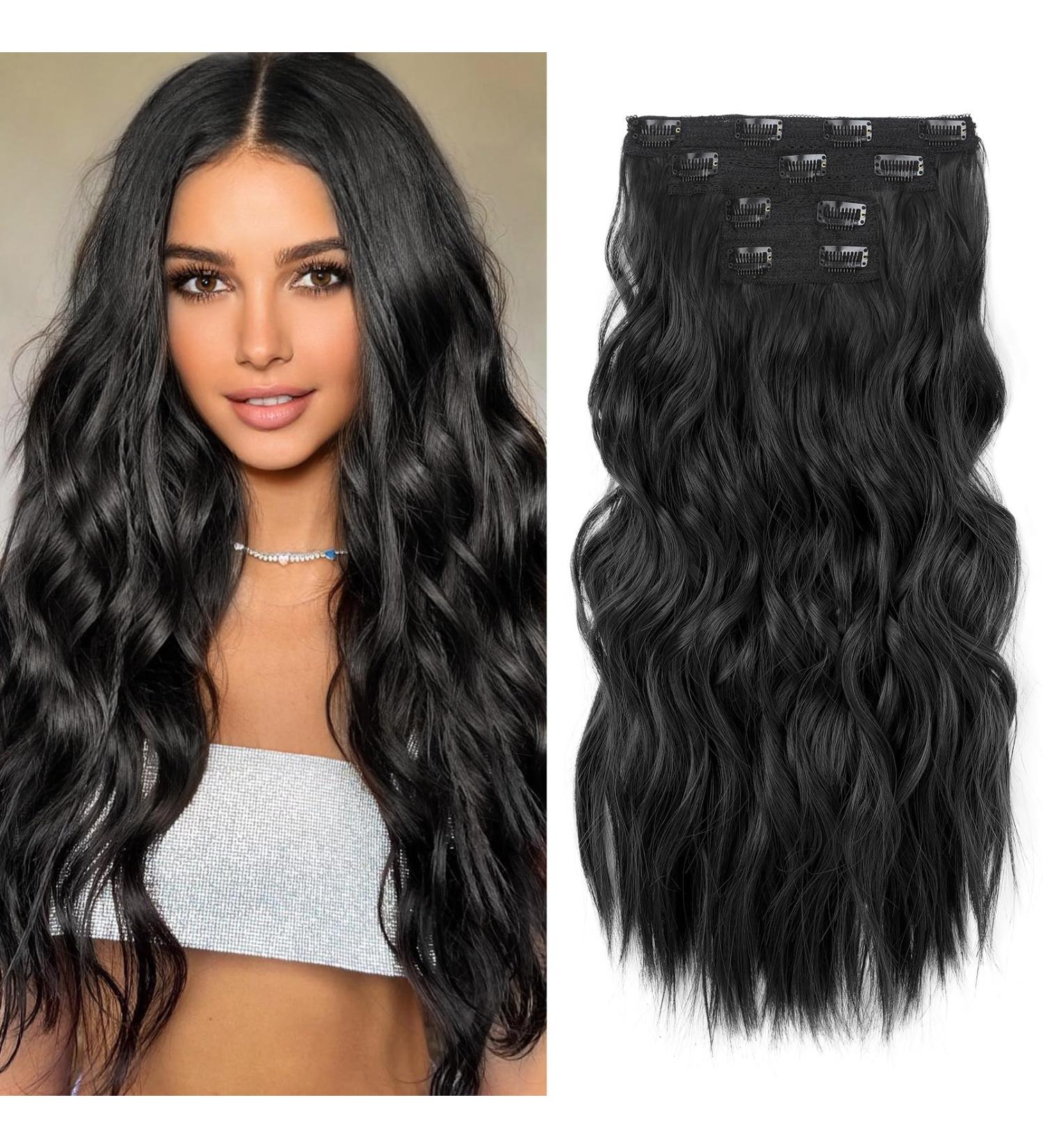 Reecho Clip In Hair Extensions - 4PC Thick 60cm Invisible Tip Black Beach Waves - Natural Soft Hair Parts - Buy Online on GoSupps.com