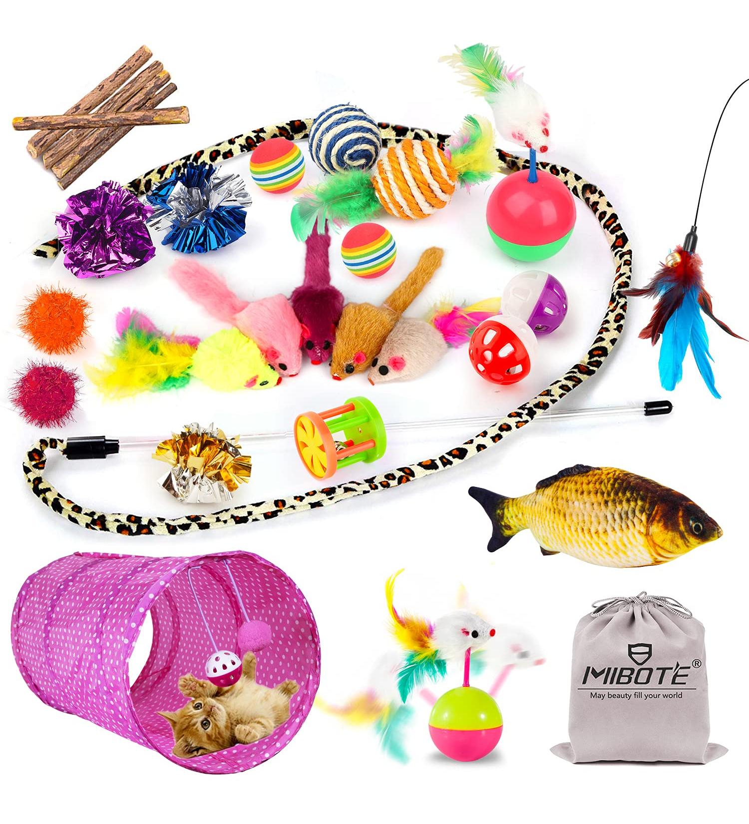MIBOTE 28Pcs Cat Toys Set - Cat Tunnel, Catnip Fish, Feather Teaser Wand, Fluffy Mouse, Balls and Bells - Perfect Variety Pack for Cat and Kitten Entertainment - Buy Online on GoSupps.com