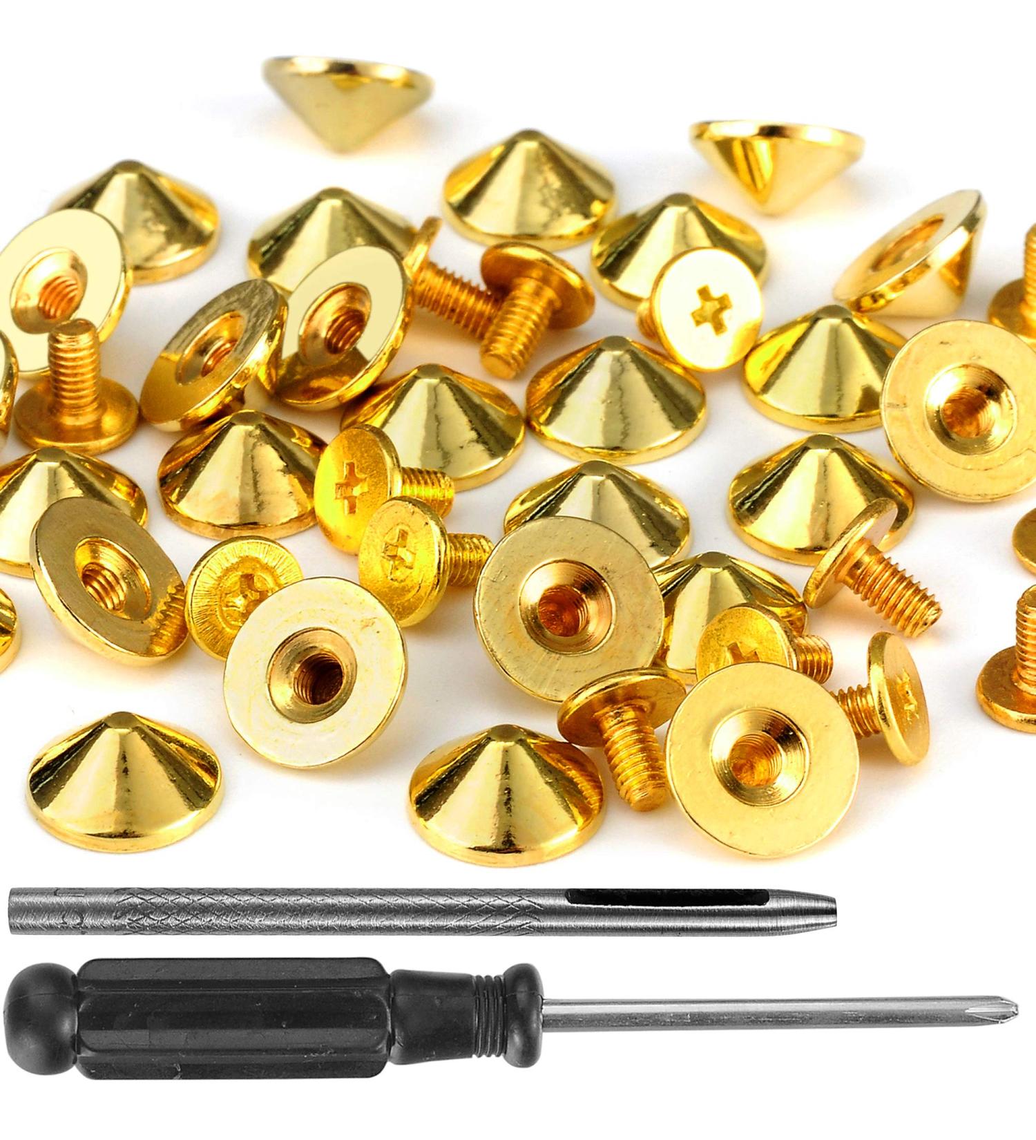 YORANYO 100 Sets Gold Cone Spikes & Bullet Studs - 4.7MM Height - Suitable for Clothing, Shoes, Leather Craft, Belts & Bags - Screw Back Punk Accessories with Installation Tools - Buy Online on GoSupps.com