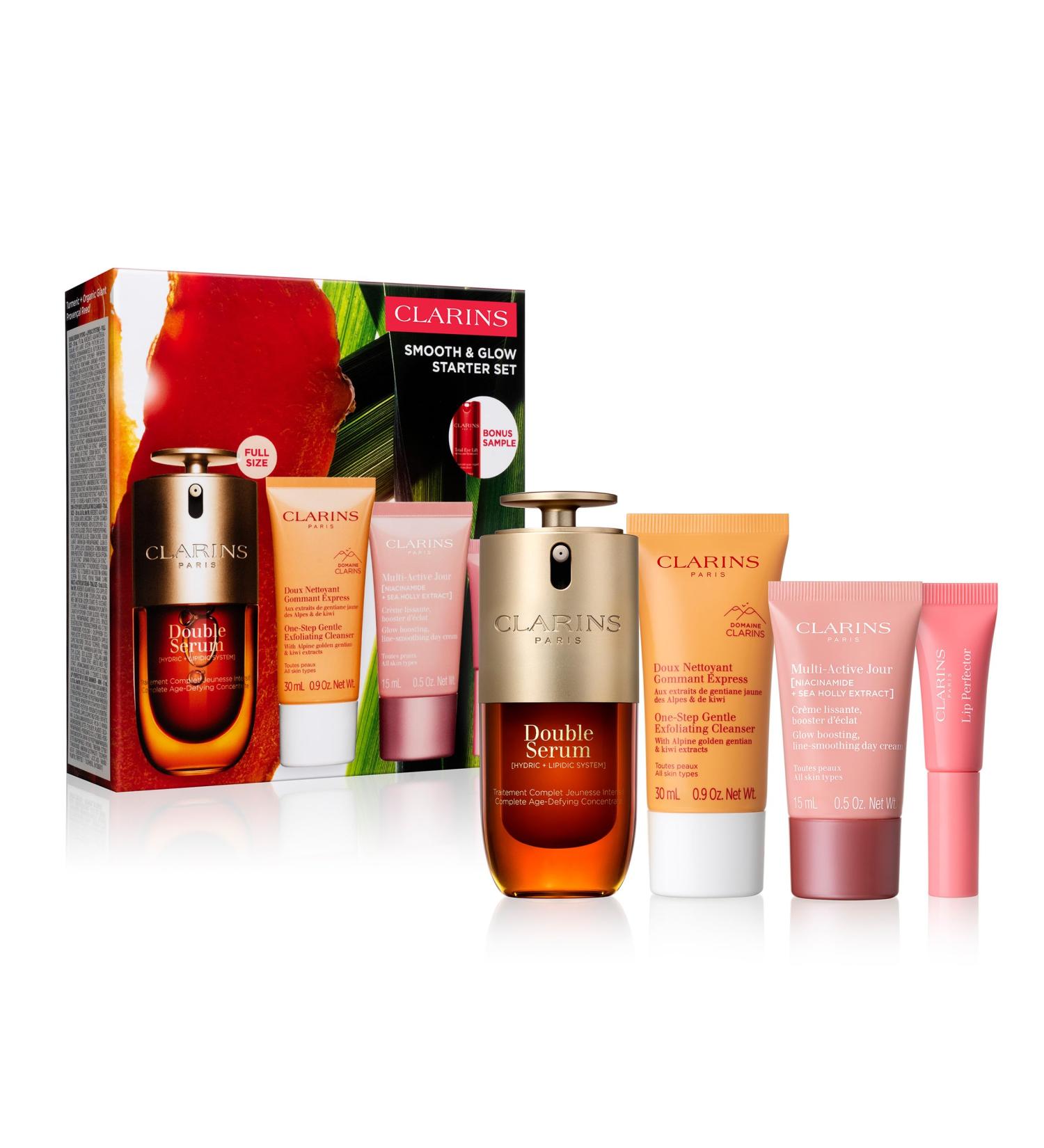 Clarins Smooth and Glow Starter Set | Amazon Exclusive 5-Piece Skincare Set | Includes Full Size Double Serum 1 Ounce | $105 for Value of $142 - Buy Online on GoSupps.com