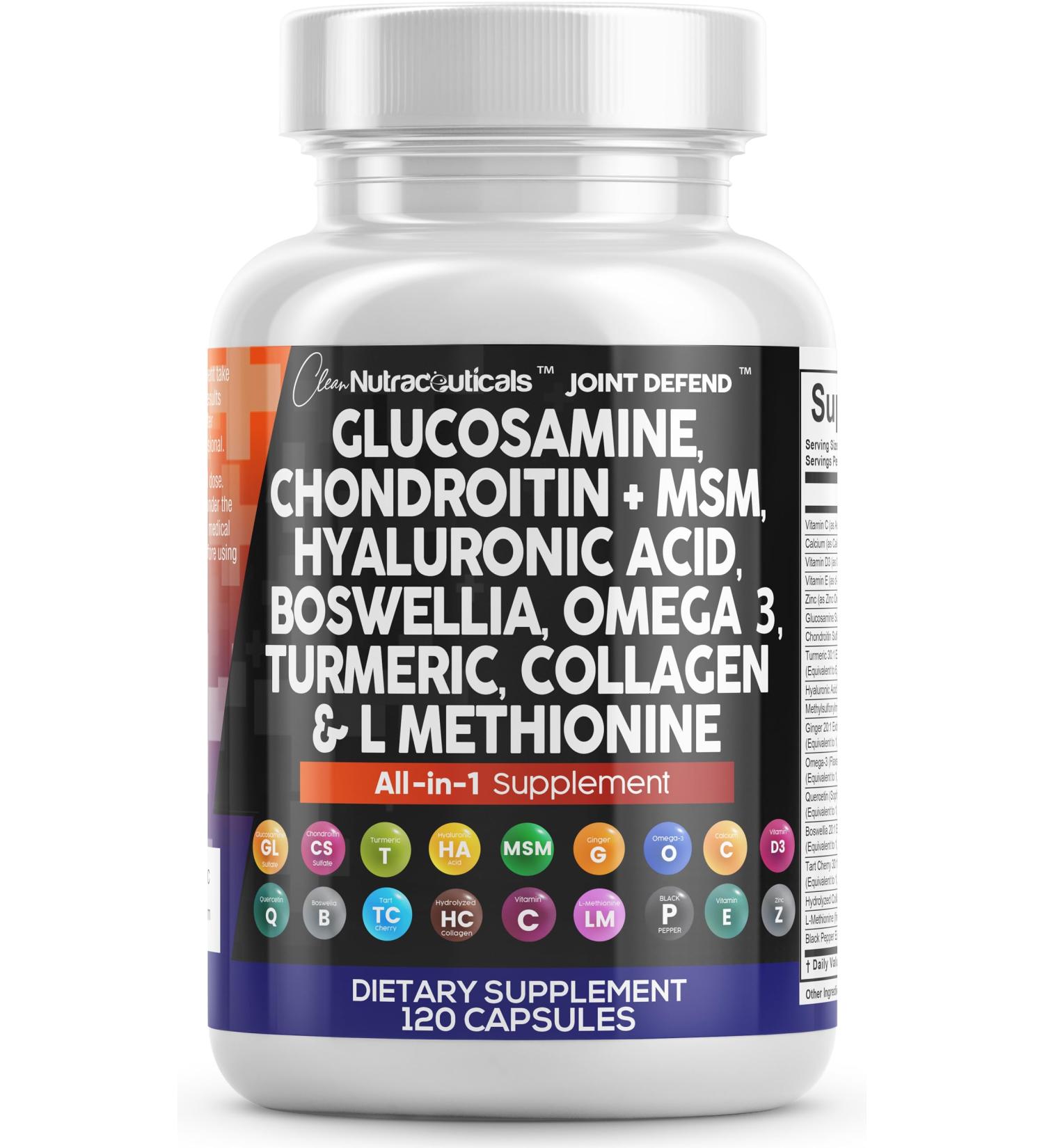 Clean Nutraceuticals Glucosamine Chondroitin MSM 1500mg with Turmeric Curcumin Collagen Hyaluronic Acid Omega 3 Joint Health Supplement for Men & Women Joint Complex 120 Count - Buy Online on GoSupps.com