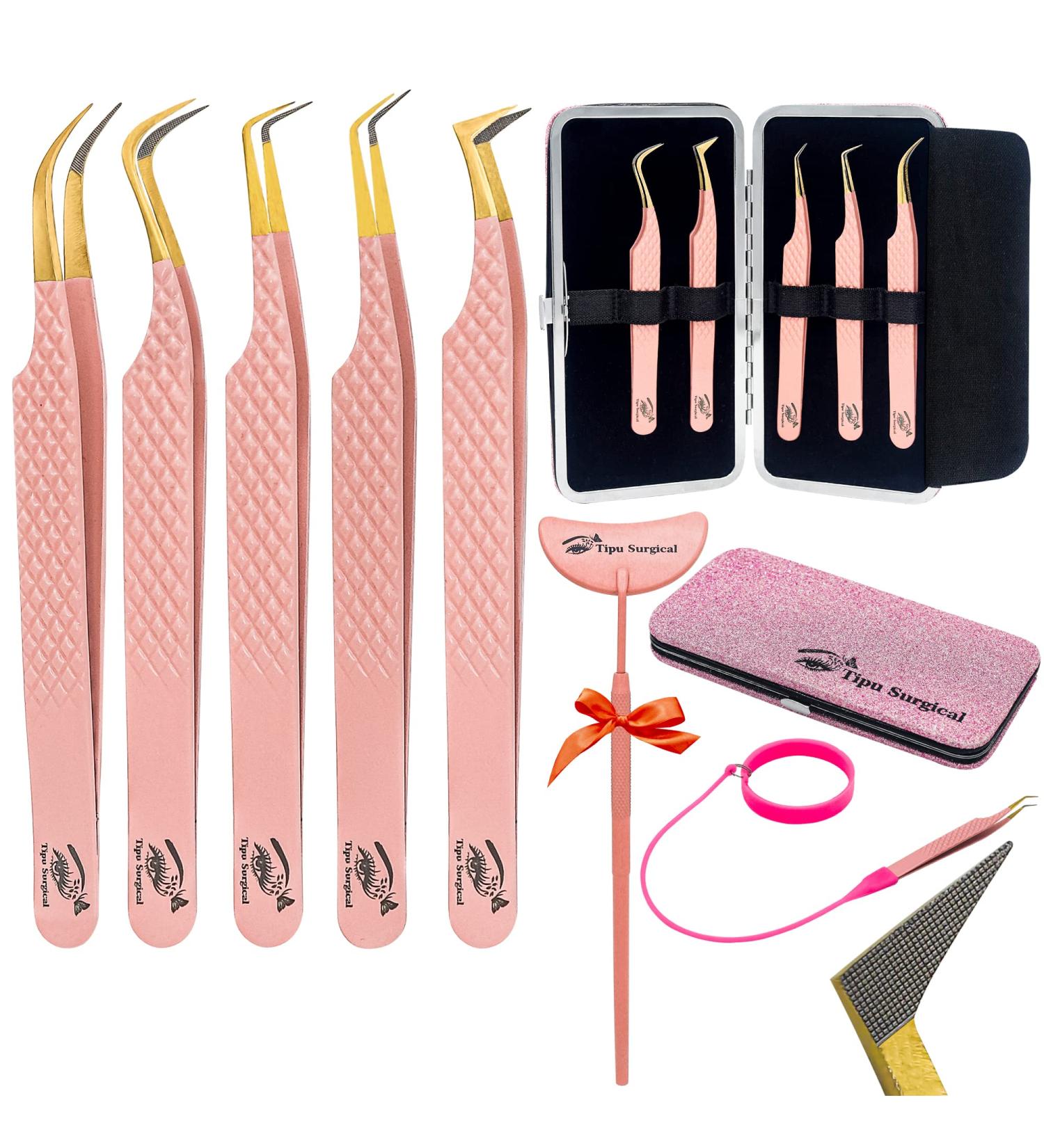 Tipu 5 Pack Diamond Grip Lash Tweezers Set - Japanese Stainless Steel Fiber Tip, Professional Volume Eyelash Extensions Tool with Wristband (Pink Gold) - Buy Online on GoSupps.com