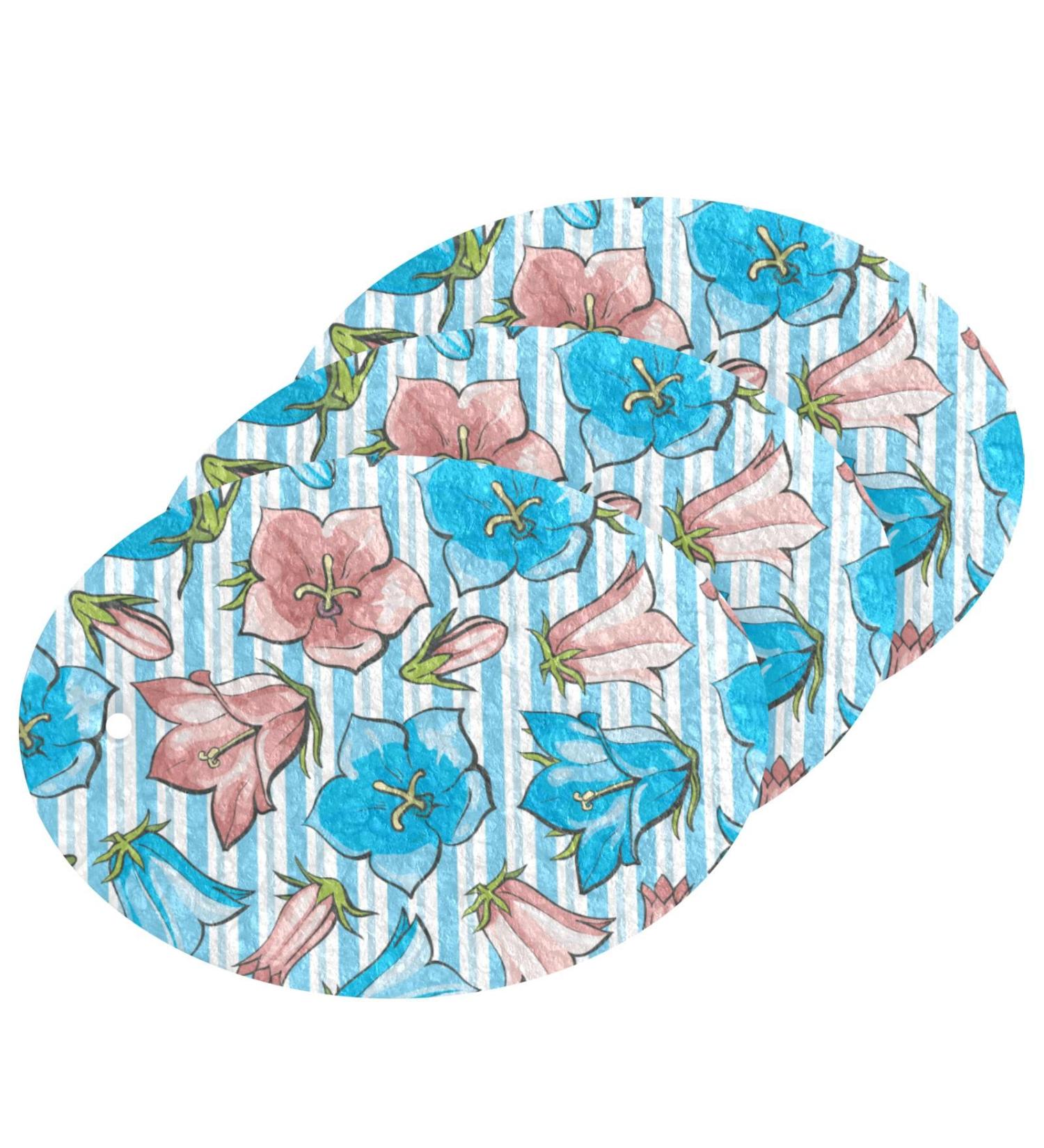 3-Pack Cleaning Kitchen Sponges Oval Blue Flowers Stripes Kitchen Cellulose Dishwashing Wood Pulp Cotton - Buy Online on GoSupps.com