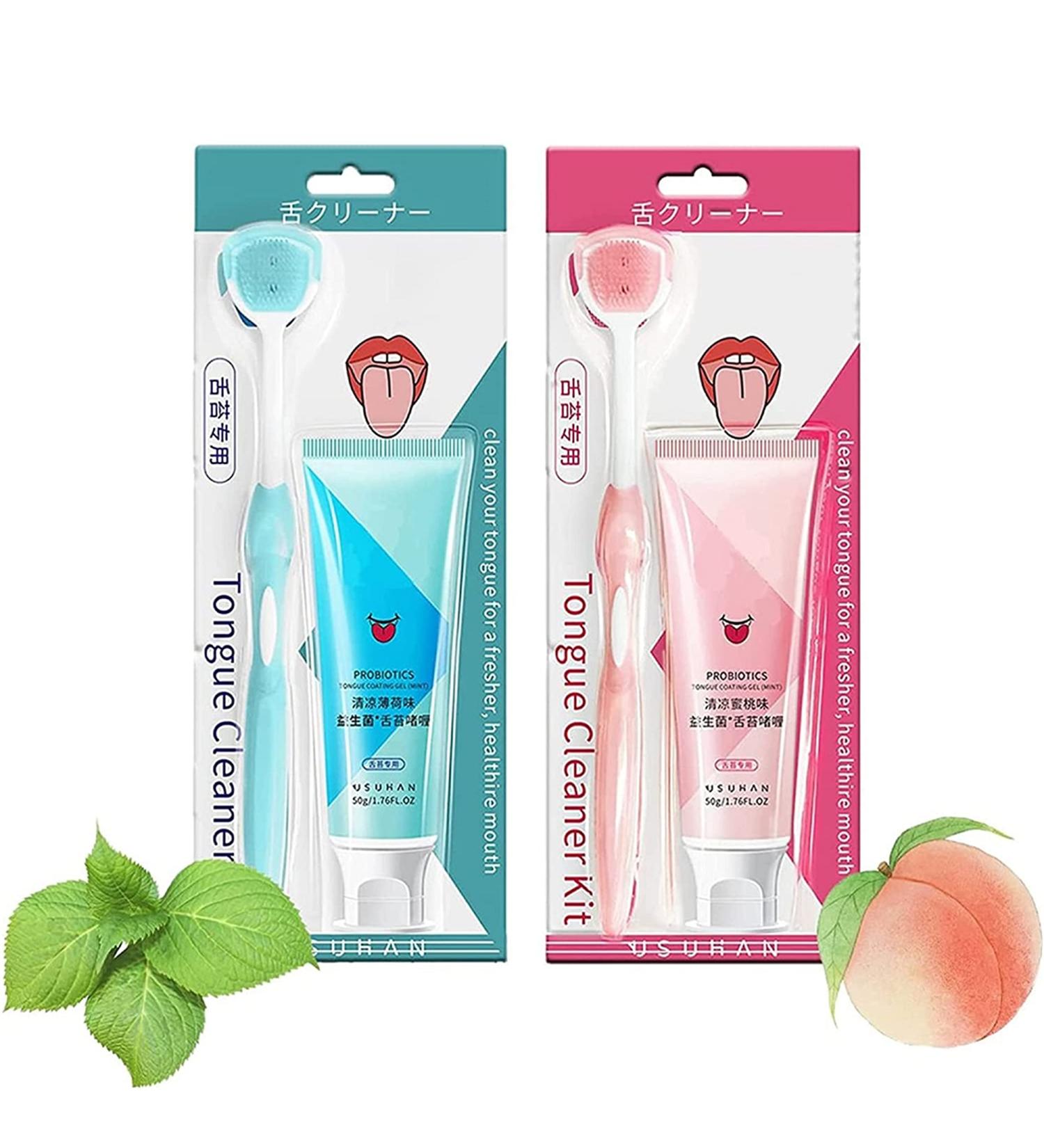 2Pcs Oral Hygiene Brush & Tongue Cleansing Gel Set | Mint & Peach - Easy Tongue Cleaner for Men & Women - Buy Online on GoSupps.com