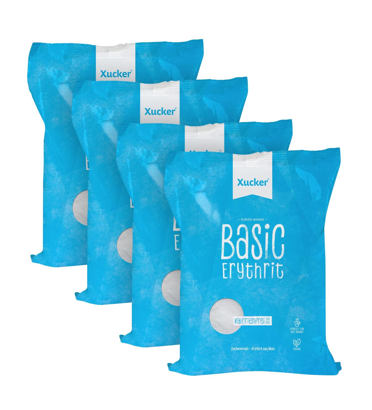 Xucker Basic Erythritol - 4x1kg Refill Bags | Calorie-Reduced Vegan Sugar Substitute | Tooth-Friendly Crystal Sugar Alternative for Cooking & Baking | Sugar-Free Sweetener - Buy Online on GoSupps.com