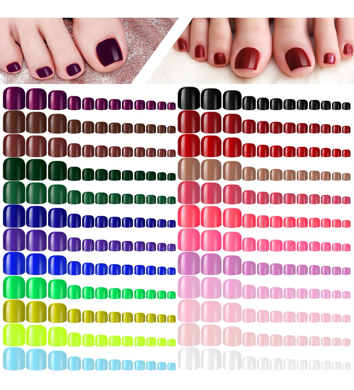 Kalolary 576Pcs Short Square False Toe Nails | Glossy Full Cover Press on Toenails Set | DIY Nail Art (24 Colors) - Color 1 - Buy Online on GoSupps.com