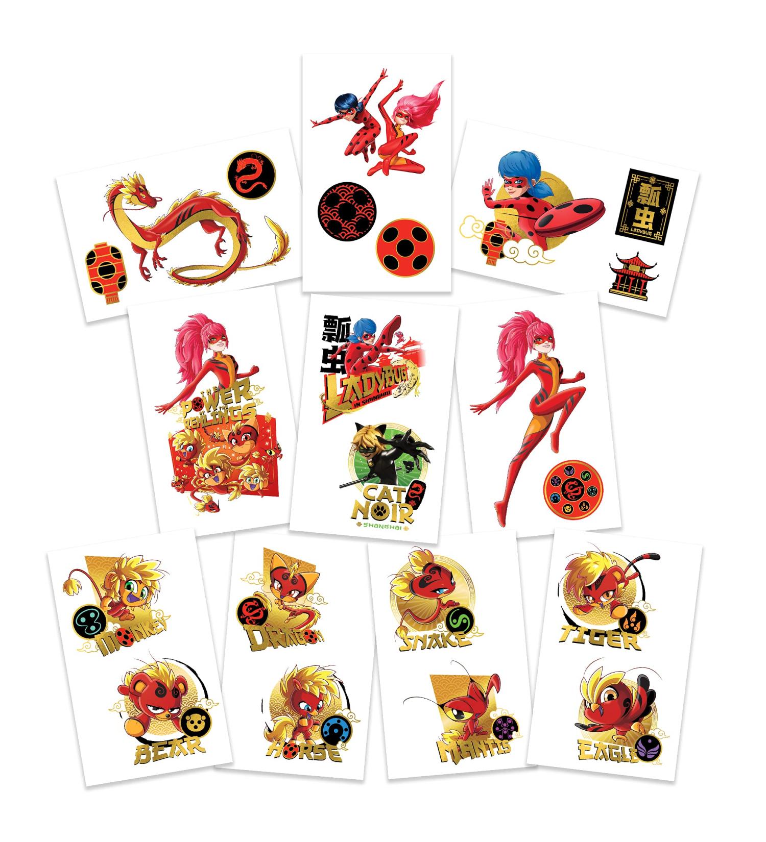 Miraculous World Shanghai Ladydragon Temporary Tattoos - 10 Sheets with Gold Metallic Accents | Ladybug, Cat Noir, Lady Dragon, Renren, Renlings & More | MADE IN USA | Skin Safe | Party Supplies - Buy Online on GoSupps.com