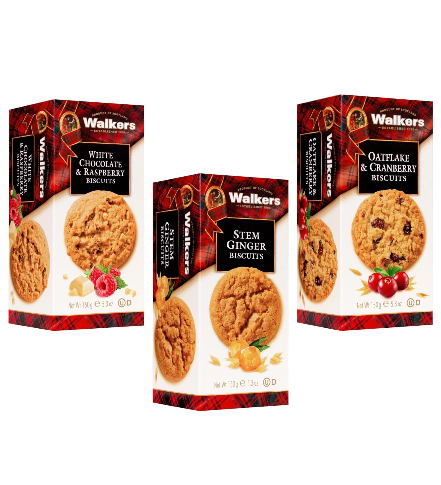 Walkers Cookies Selection - Stem Ginger Oatflake & Cranberry and White Chocolate & Raspberry Biscuits - 3 Pack - Buy Online on GoSupps.com