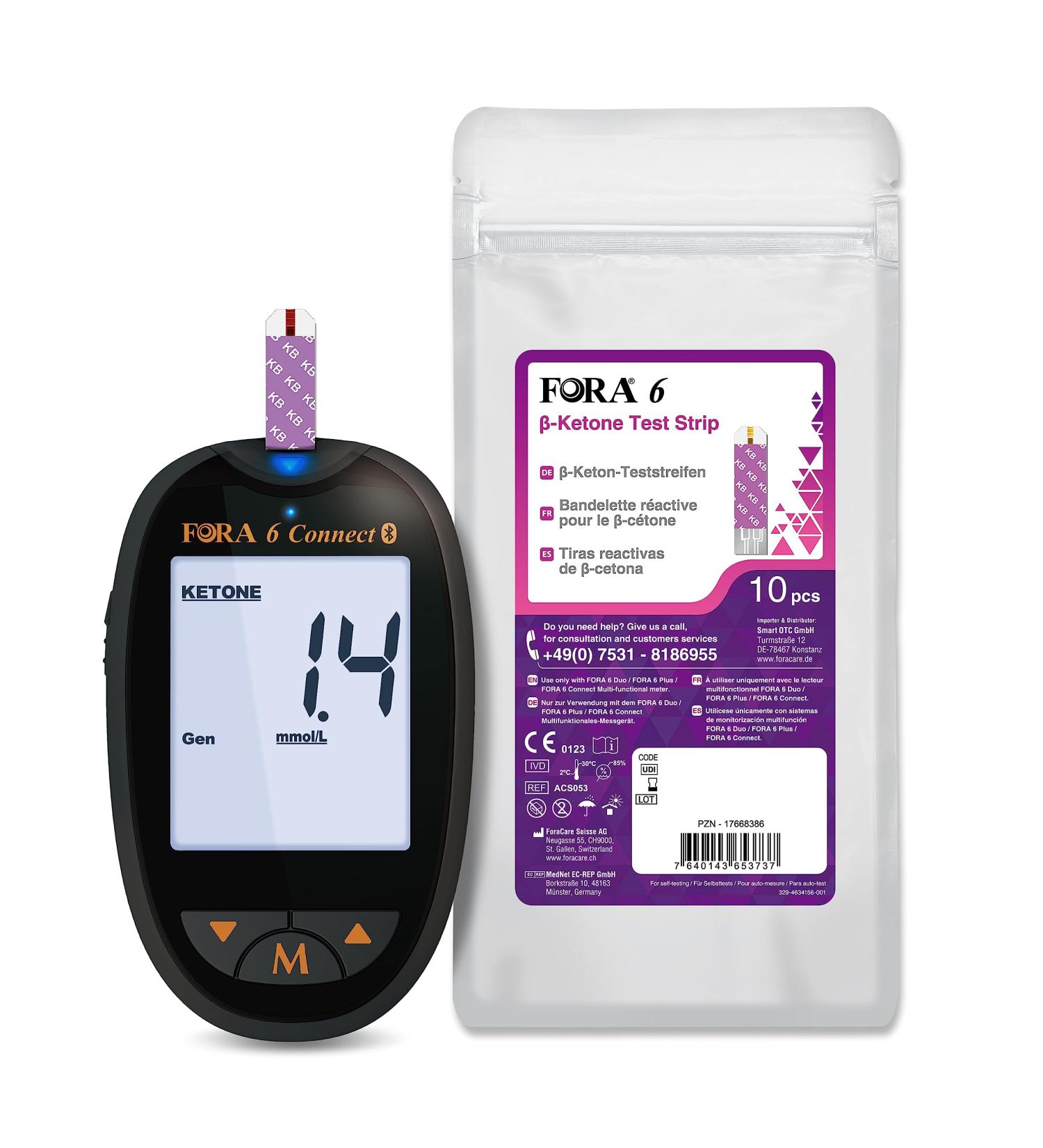 FORA 6 Connect: Bluetooth Multi-Parameter Test Strips (mg/dl) & Ketone Testing - International Shipping - Buy Online on GoSupps.com