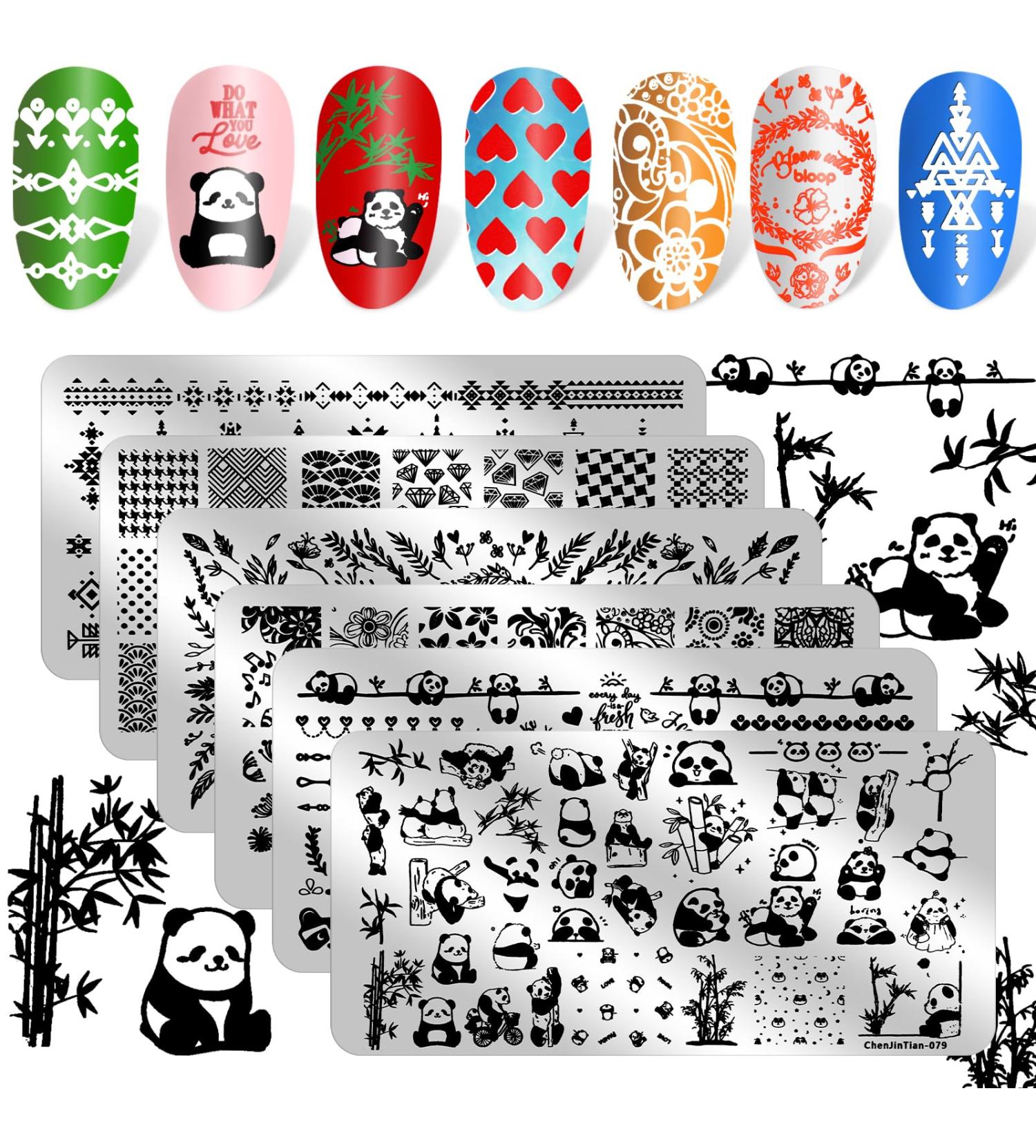 JSRQT Nail Art Stamping Plates Set - 6 Mixed Pattern Stencils for DIY Manicure | Sweet Panda Floral & Leaf Designs - Buy Online on GoSupps.com