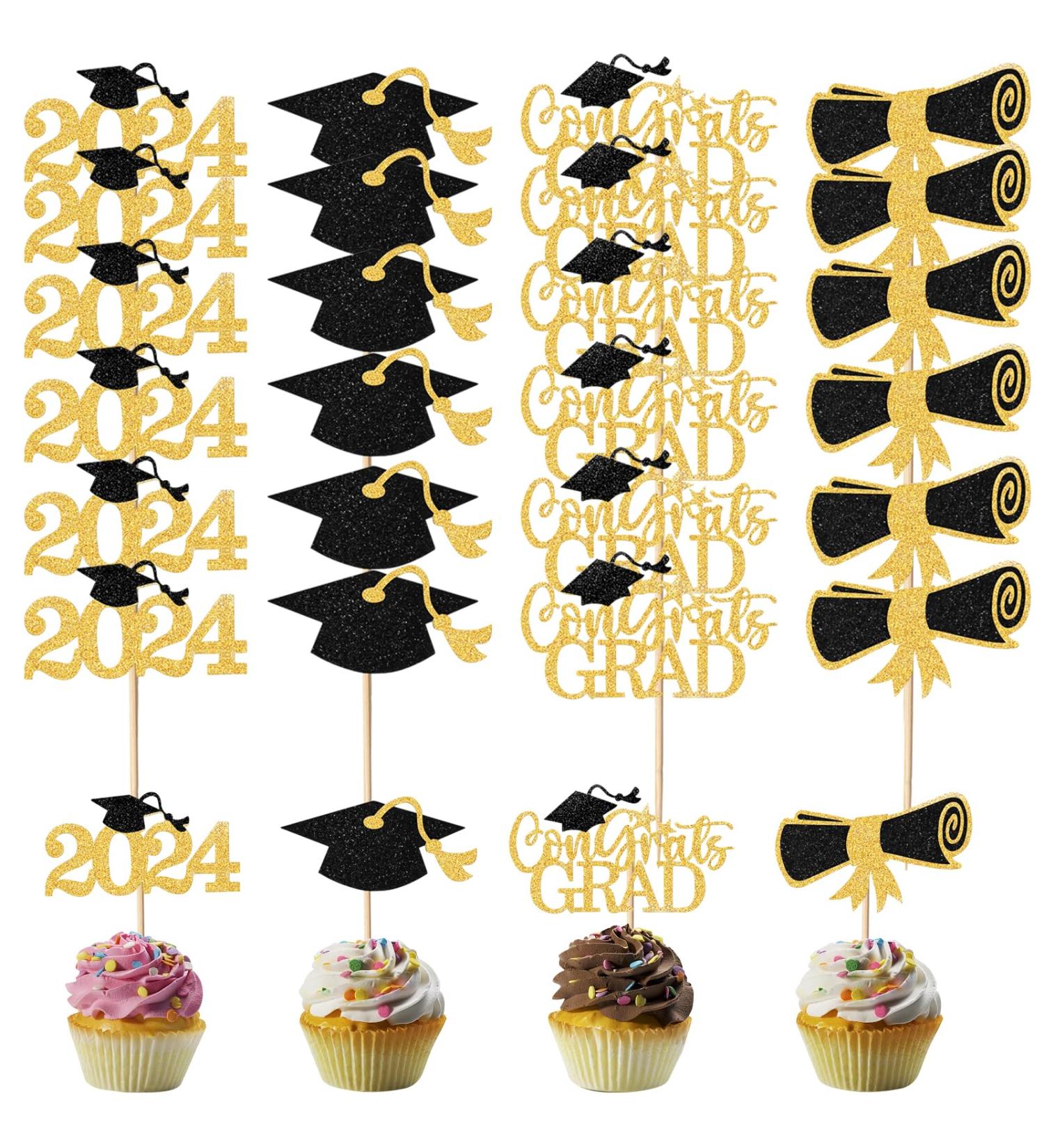 24Pcs Graduation Cupcake Toppers 2024 Graduation Cake Topper Class of 2024 Cake Topper Graduation Cake Decorations with Grad Cap Diploma Congrats Grad Sign Graduation Party Decorations (4 Styles) - Buy Online on GoSupps.com