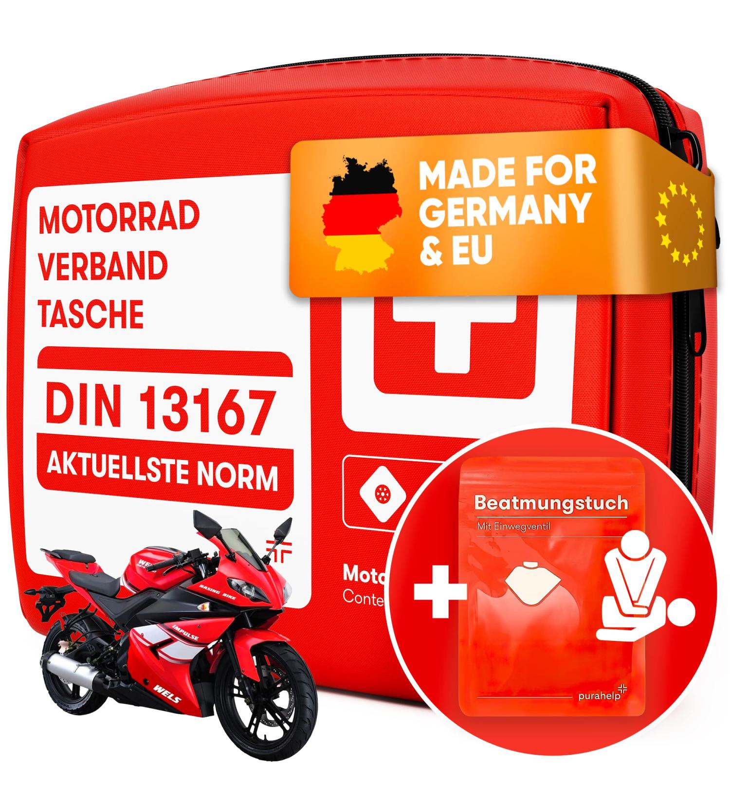 Purahelp 2024 Motorcycle First Aid Kit - DIN 13167 & StVO Compliant | Compact & Includes Ventilation Towel - Buy Online on GoSupps.com