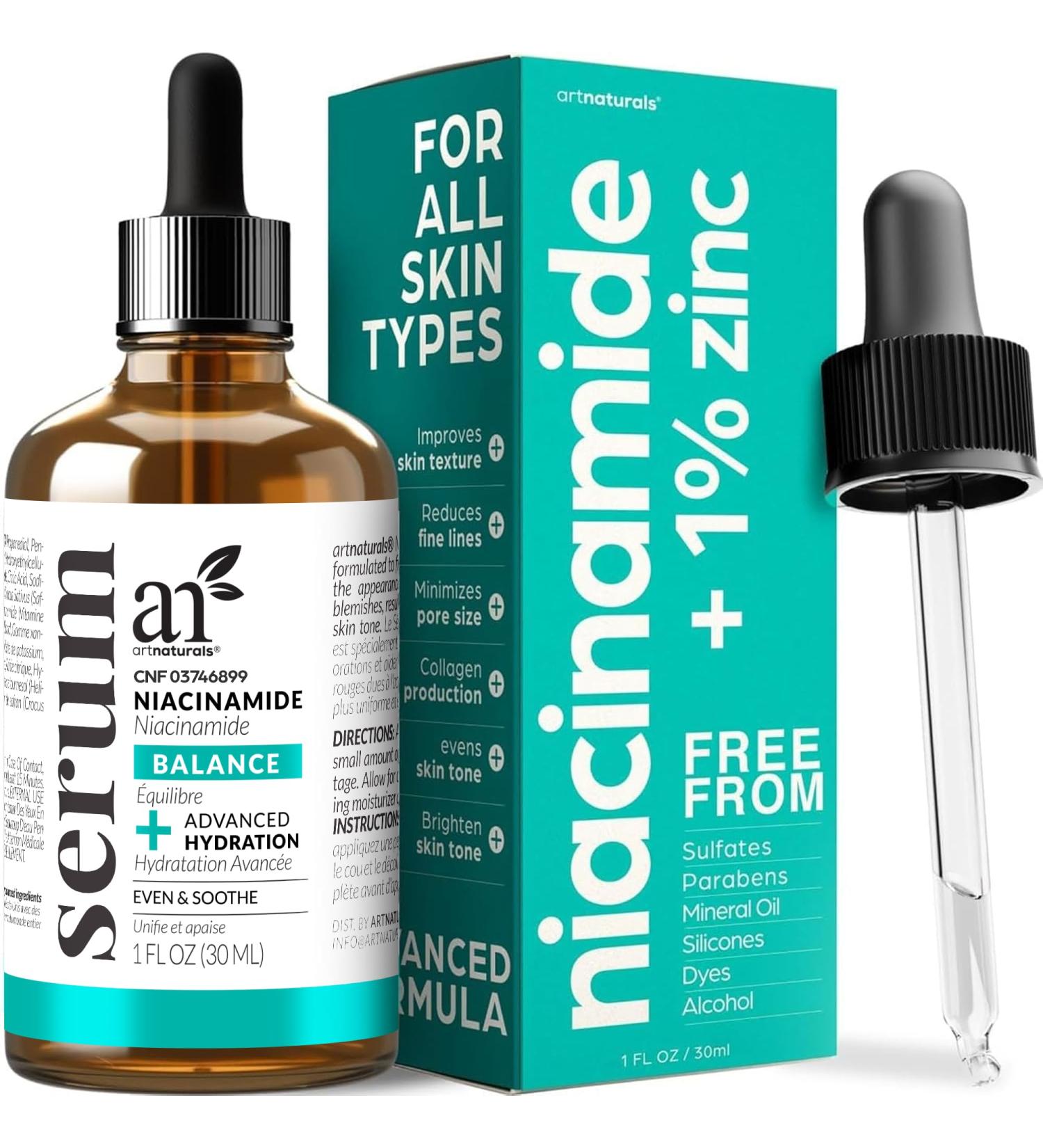 Artnaturals Niacinamide Face Serum 10% Active Niacinamide with 1% Zinc PCA & Vitamin B3 - Hyaluronic Acid Pore Reducer Mineral Blemish Protection 1 oz - Buy Online on GoSupps.com