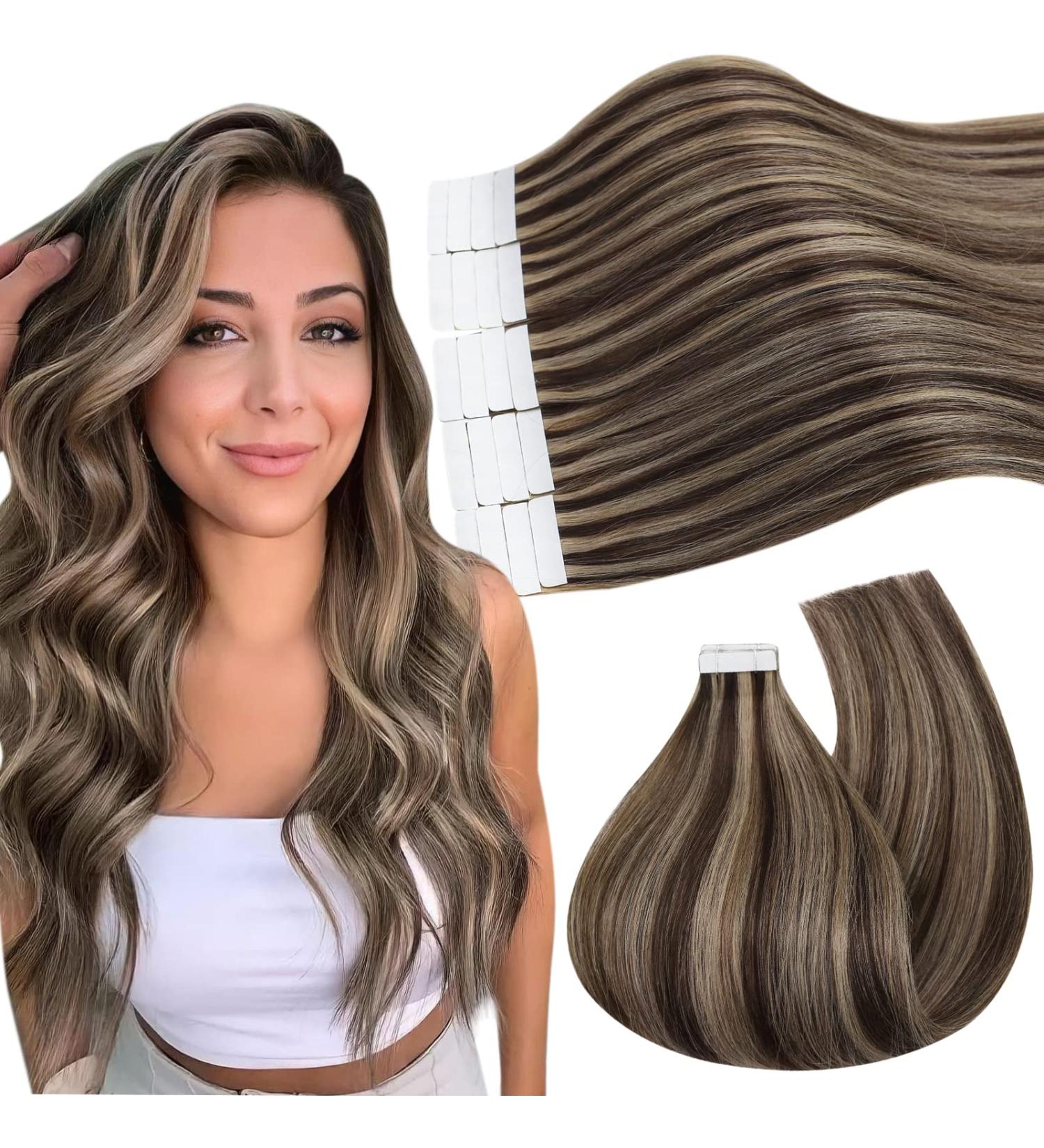 Ugeat Dark Brown & Strawberry Blonde Tape In Extensions - Real Hair Highlights 20 Pieces 45 cm - Invisible Tape 50 grams - Buy Online on GoSupps.com
