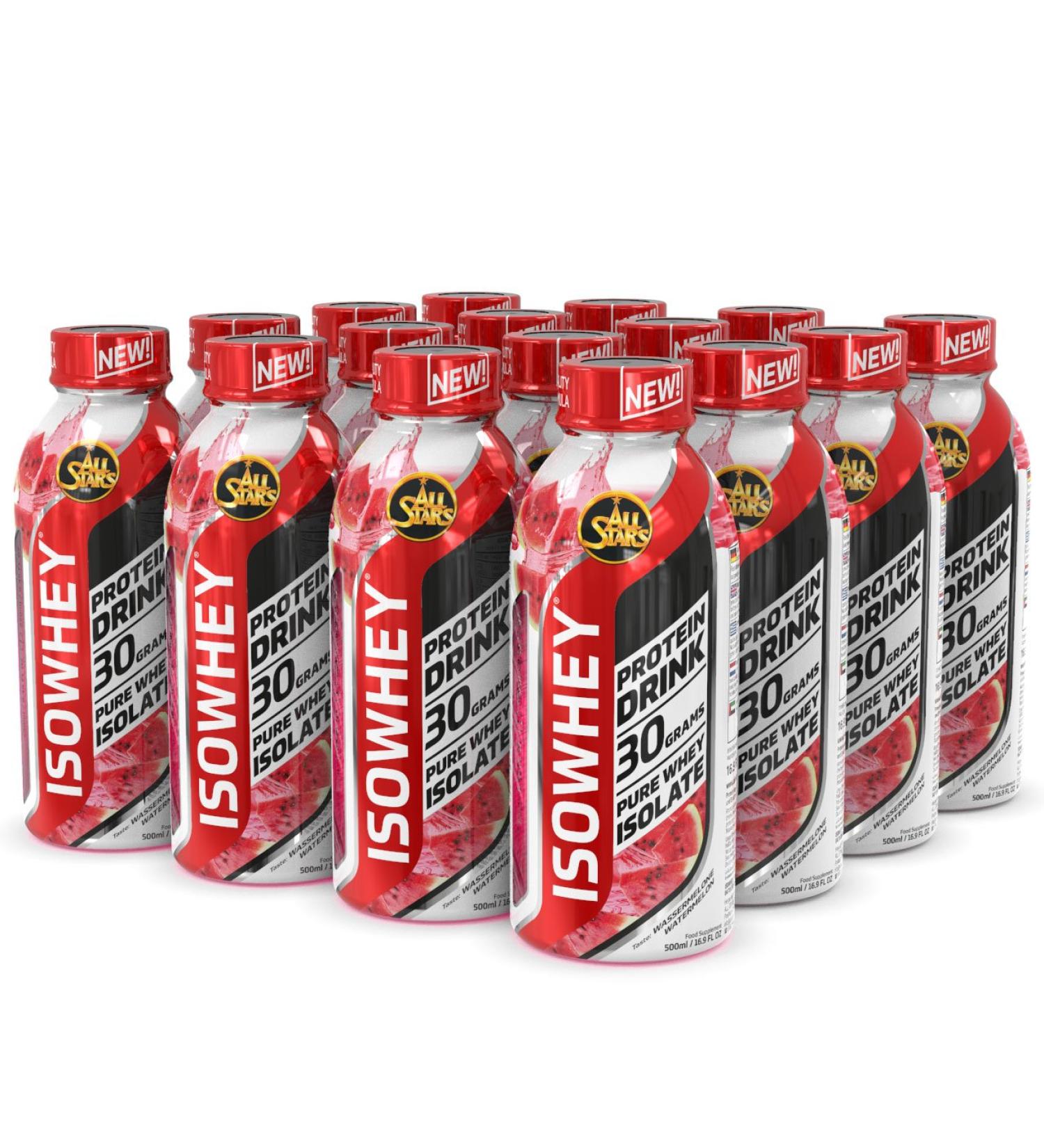 All Stars IsoWhey Pure Protein Drink - Watermelon | 16 x 500ml Ready-to-Drink Shake | 30g Whey Protein & 7.5g BCAAs | Lactose-Free & Low Sugar | High-Quality Protein Supplement - Buy Online on GoSupps.com
