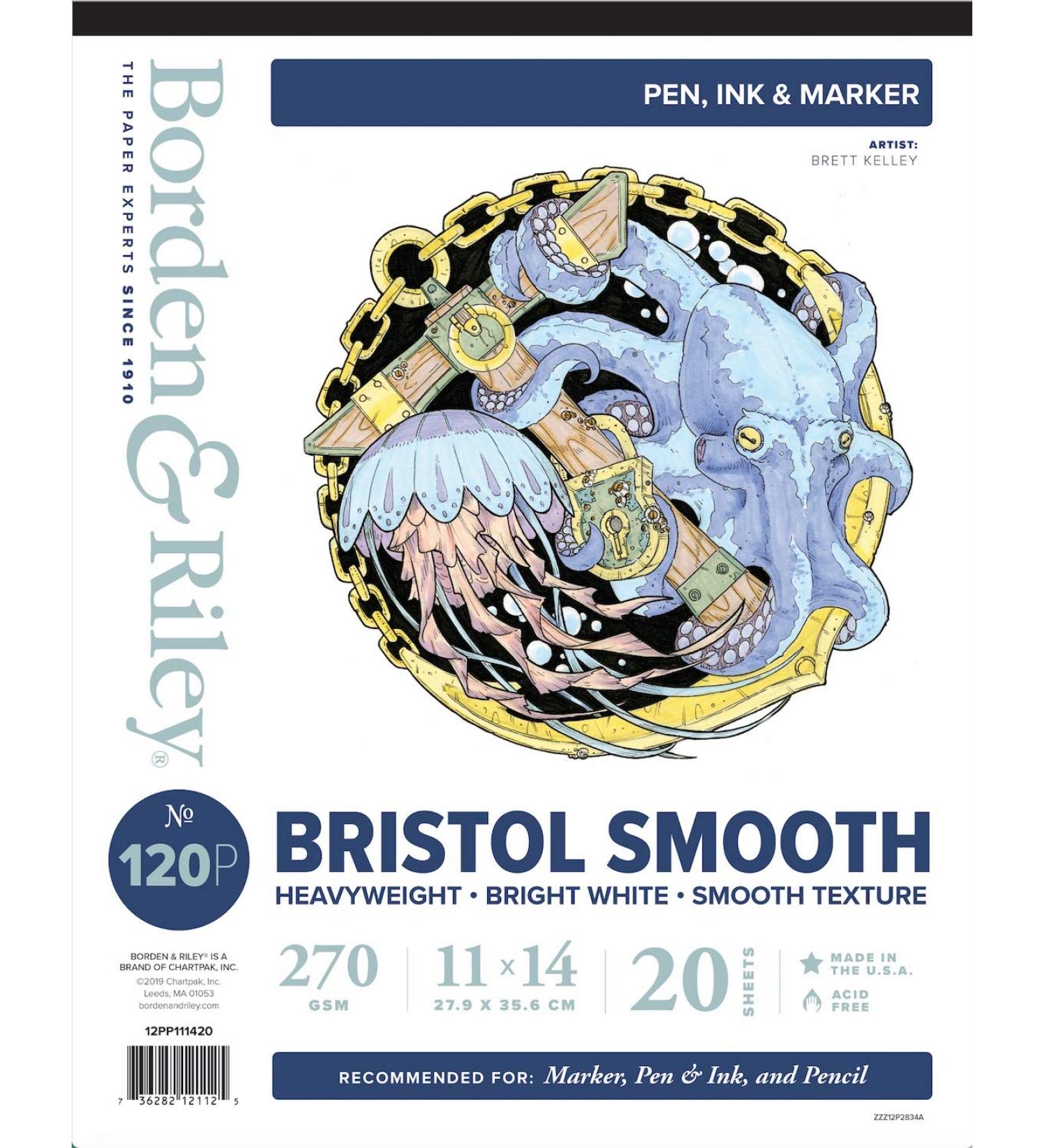 Borden & Riley 120P Bristol Smooth Paper Pad  11 x 14  270 GSM  20 White Sheets  1 Pad Each (12PP111420)