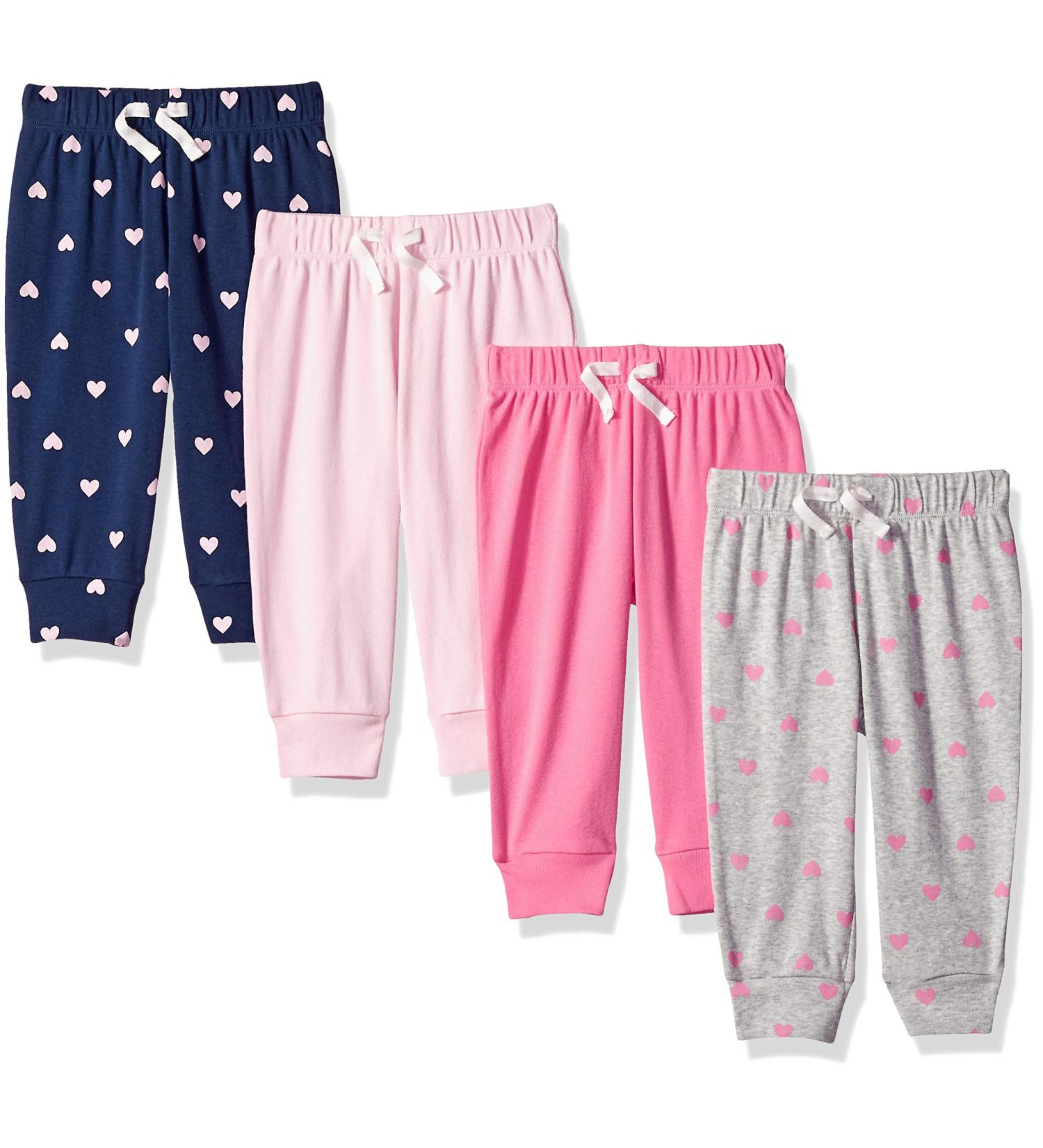 Amazon Essentials Baby Girls' Cotton Pull-On Trousers 18M - Set of 4 | Grey Hearts, Light Pink, Navy, Pink - Buy Online on GoSupps.com