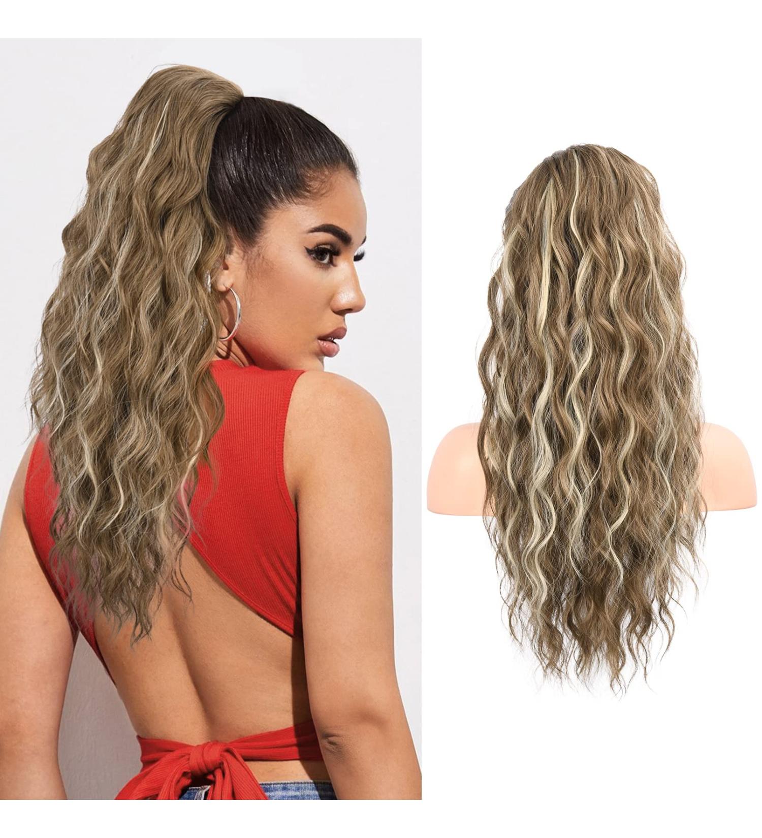 Buy Flufymooz 56 cm Ponytail Extension - Curly Synthetic Hair in Medium Brown Ash Blonde - Perfect for Women - Buy Online on GoSupps.com