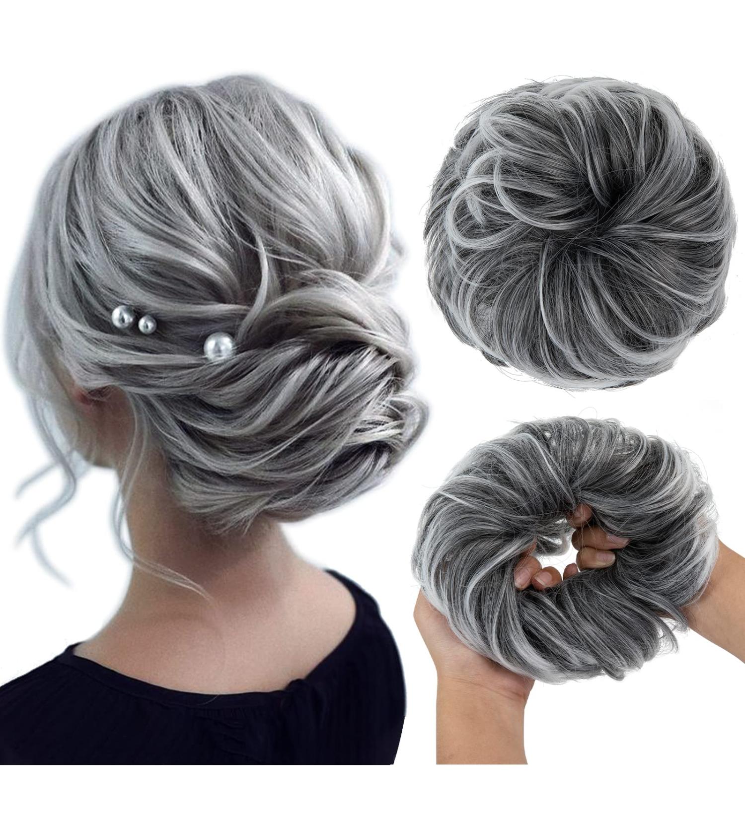SARLA Messy Bun Hair Scrunchie for Women - Curly Wavy Updo Ponytail Extension in Black mix Gray & White Tips - Buy Online on GoSupps.com