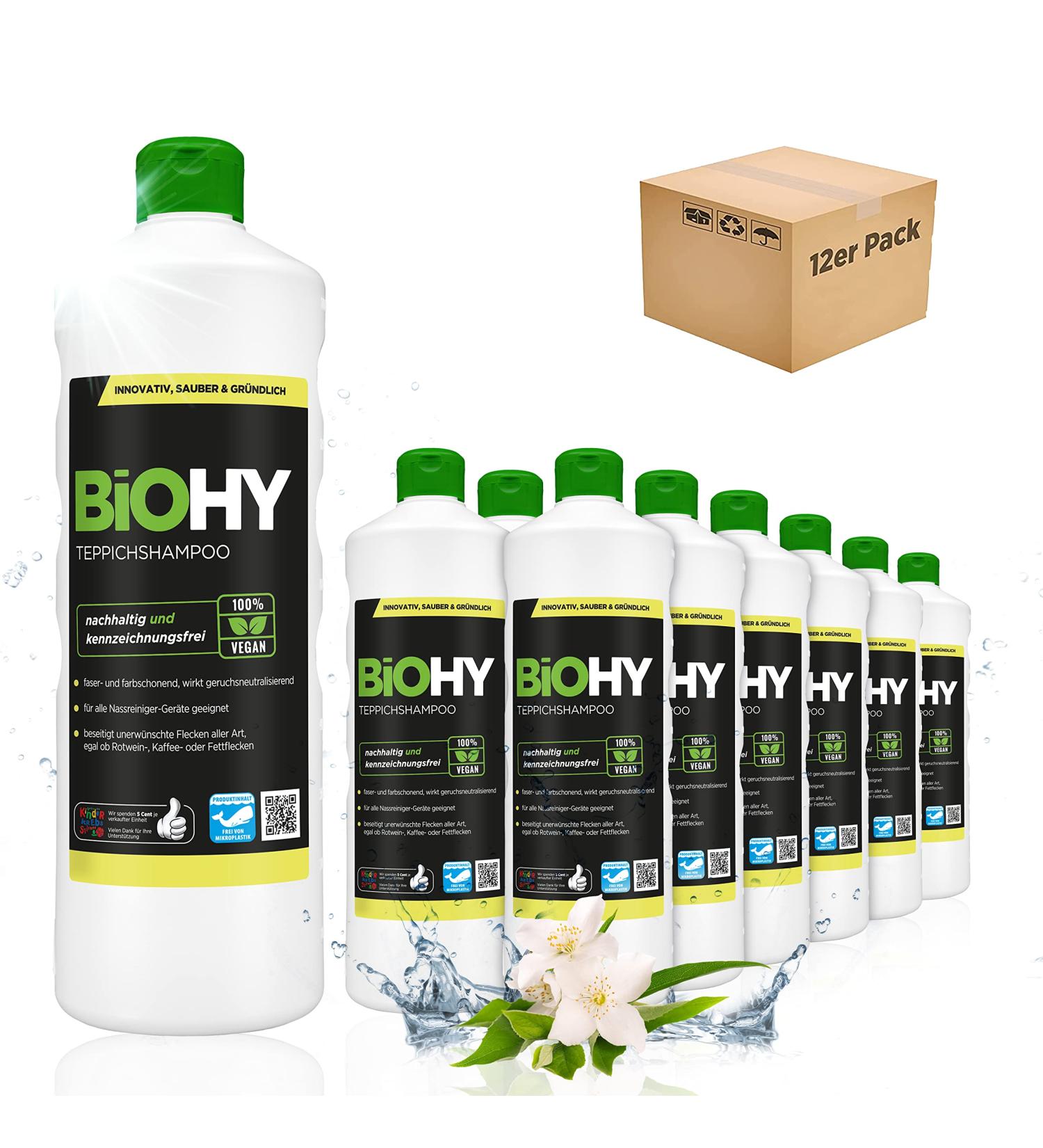 Buy Biohy Carpet Shampoo (12 x 1L) Powerful Organic Carpet Cleaner Concentrate Gentle & Animal-Friendly Effective Against Stubborn Spots - Buy Online on GoSupps.com