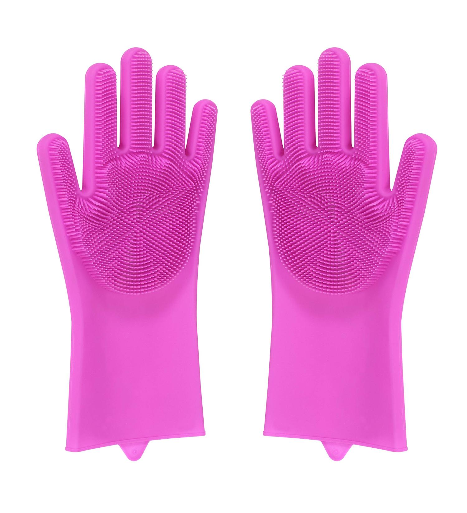 Home Beyond 2-Pack Magic Silicone Household Cleaning Gloves with Rubber Sponge Scrubber Reusable Dishwashing Kitchen Gloves Dark Pink - Buy Online on GoSupps.com