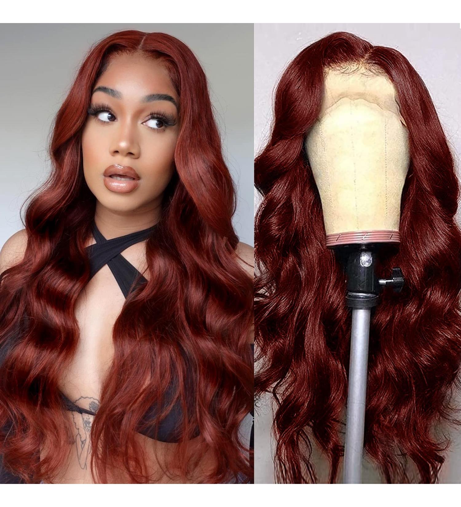 Reddish Brown 22 Inch Lace Front Body Wave Wig | 12A Brazilian Virgin Human Hair | 13X4 HD Transparent Lace Front | 180% Density | Pre Plucked with Baby Hair | Glueless & Natural Look - Buy Online on GoSupps.com