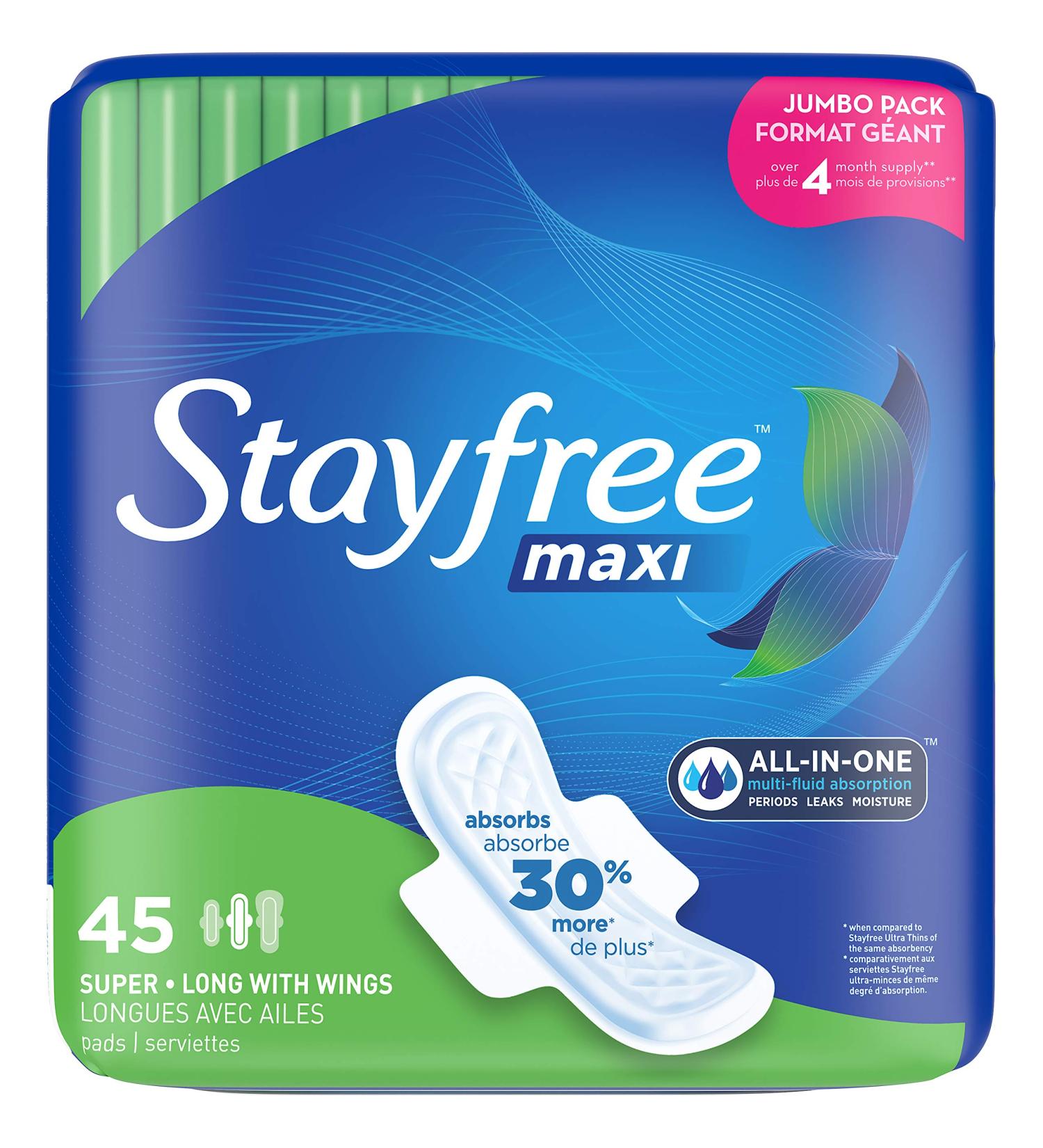 Stayfree Maxi Super Long Pads with Wings - 45 Count | Reliable Protection & Absorbency for Women's Periods - Buy Online on GoSupps.com
