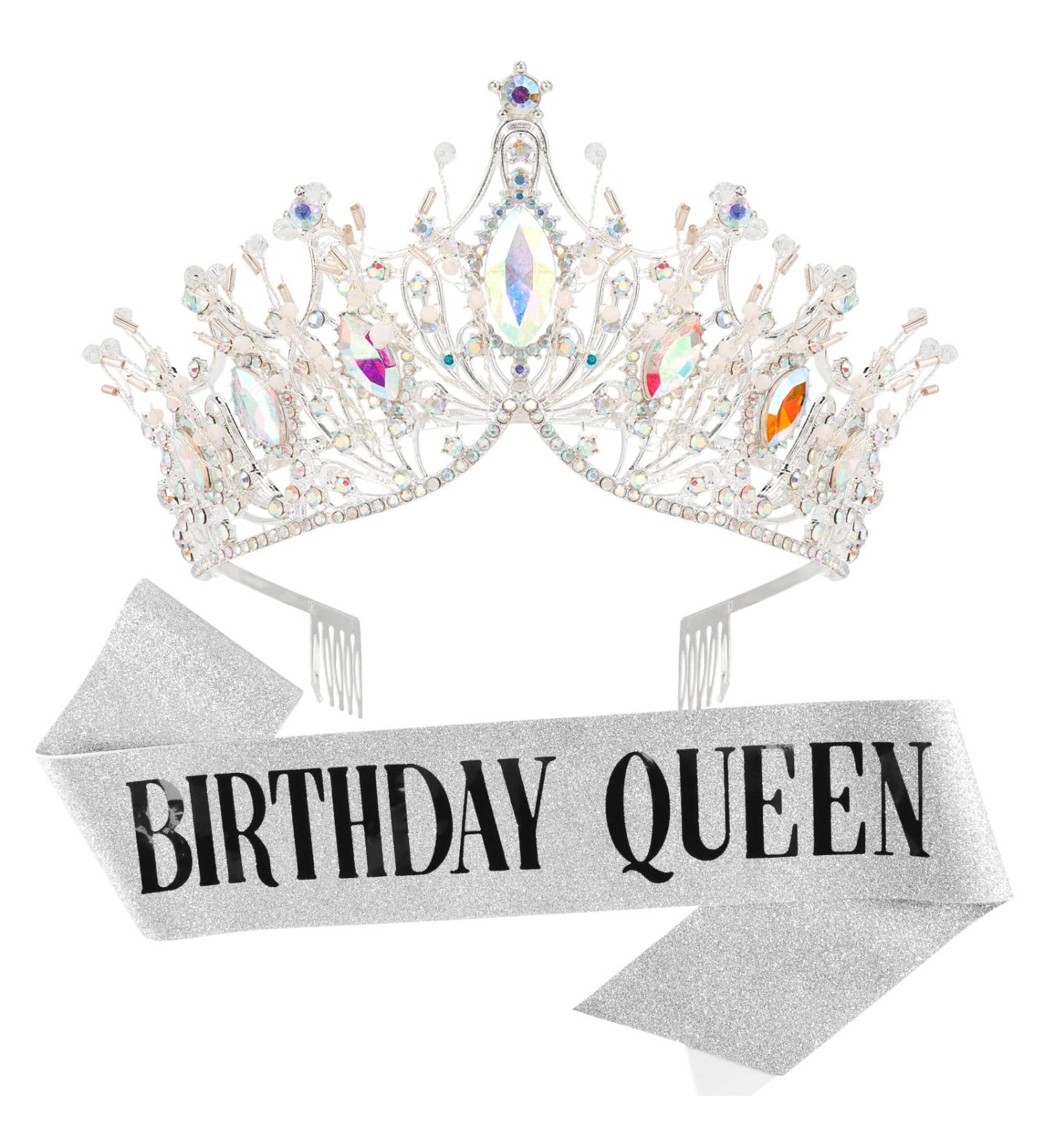 Birthday Queen Sash & Crystal Tiara Set - Silver Tiara and Crowns for Women - Birthday Decorations Set with Rhinestone Headband and Glitter Sash for Party - Buy Online on GoSupps.com