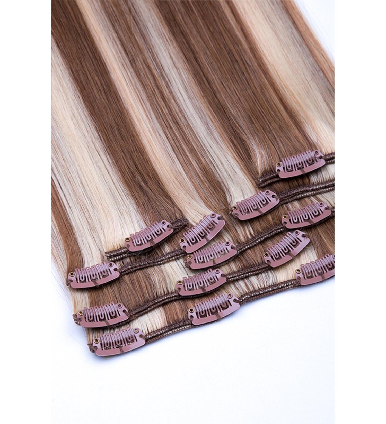 Clip In Extensions Set - 100% Real Hair 7 Pieces 70g 45cm - Light Brown Blonde Highlights No. 12/613 | Shop Internationally - Buy Online on GoSupps.com