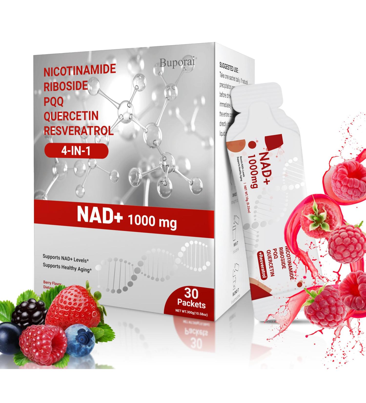 Buporai NAD Supplement 1000 mg Liquid Packets - NAD Supplements for Women & Men with Nicotinamide Riboside Resveratrol PQQ Quercetin - NMNH Supplement Alternative for Anti-Aging Energy-30 Packets - Buy Online on GoSupps.com