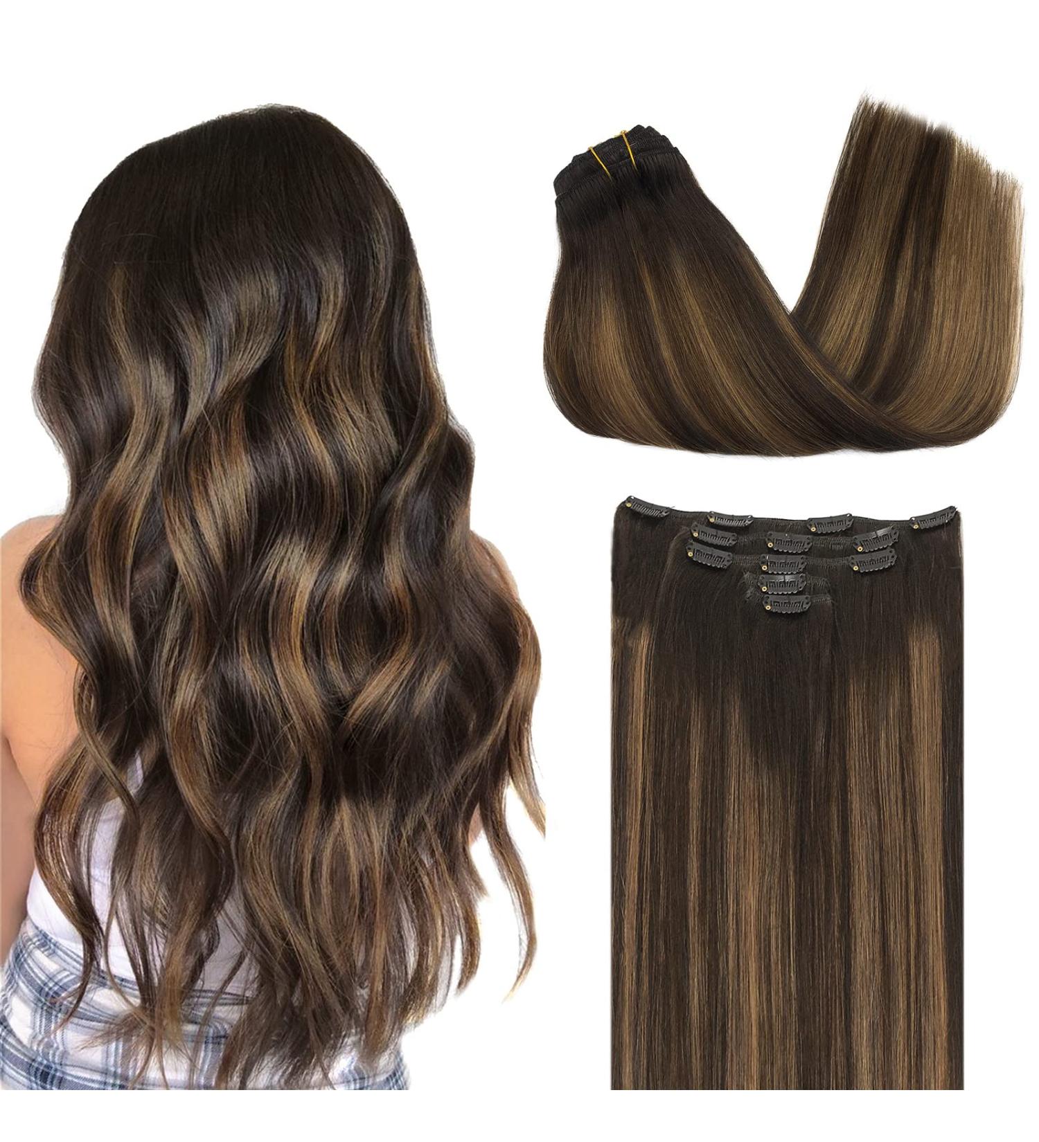 DOORES Clip in Human Hair Extensions 18 Inch Balayage Dark Brown to Chestnut Brown - 5pcs 70g | Natural Straight Hair Extensions - Buy Online on GoSupps.com