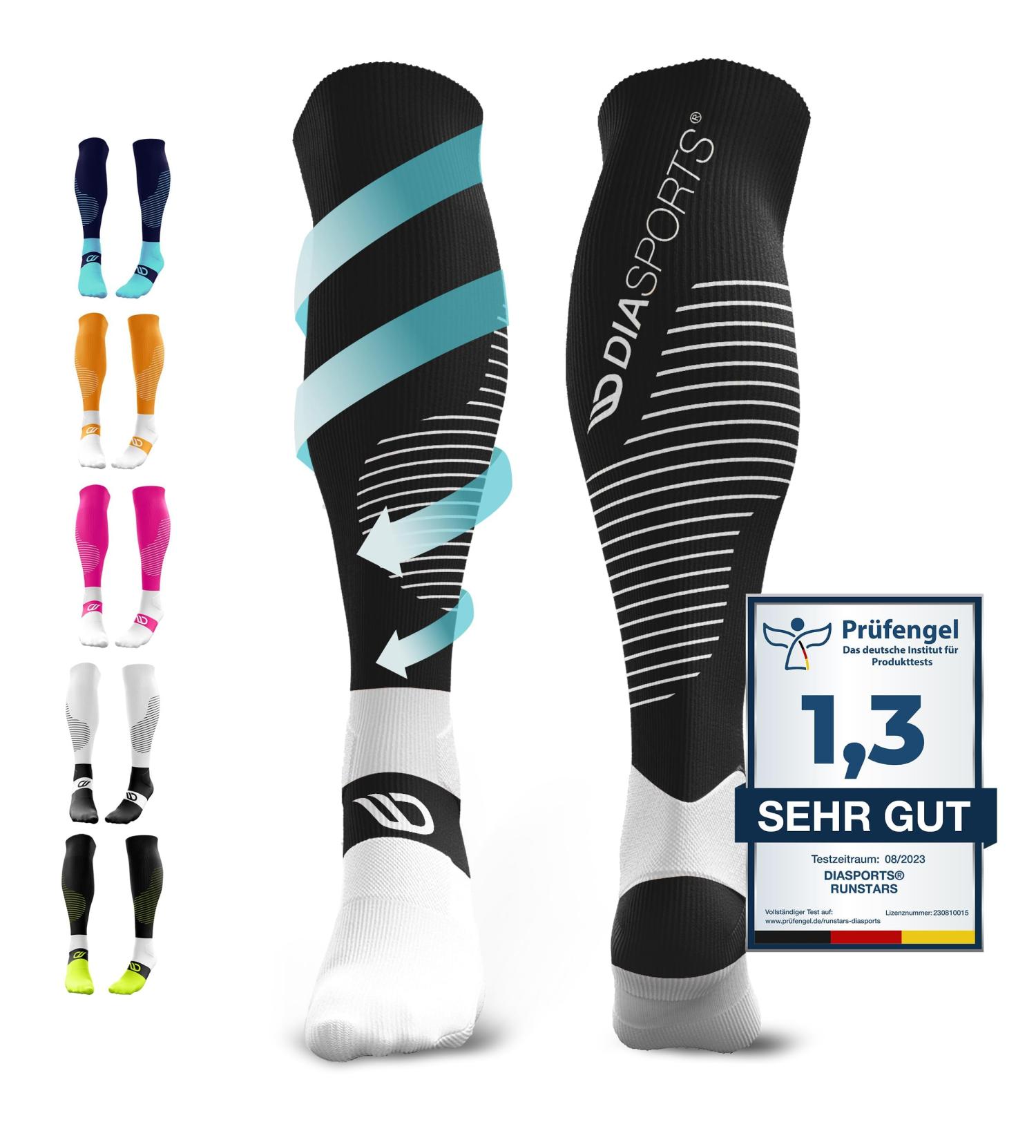Buy Diasports Runstars Compression Socks for Sports - Premium Black/White for Running Marathon & Triathlon - Men & Women - Size L - Buy Online on GoSupps.com