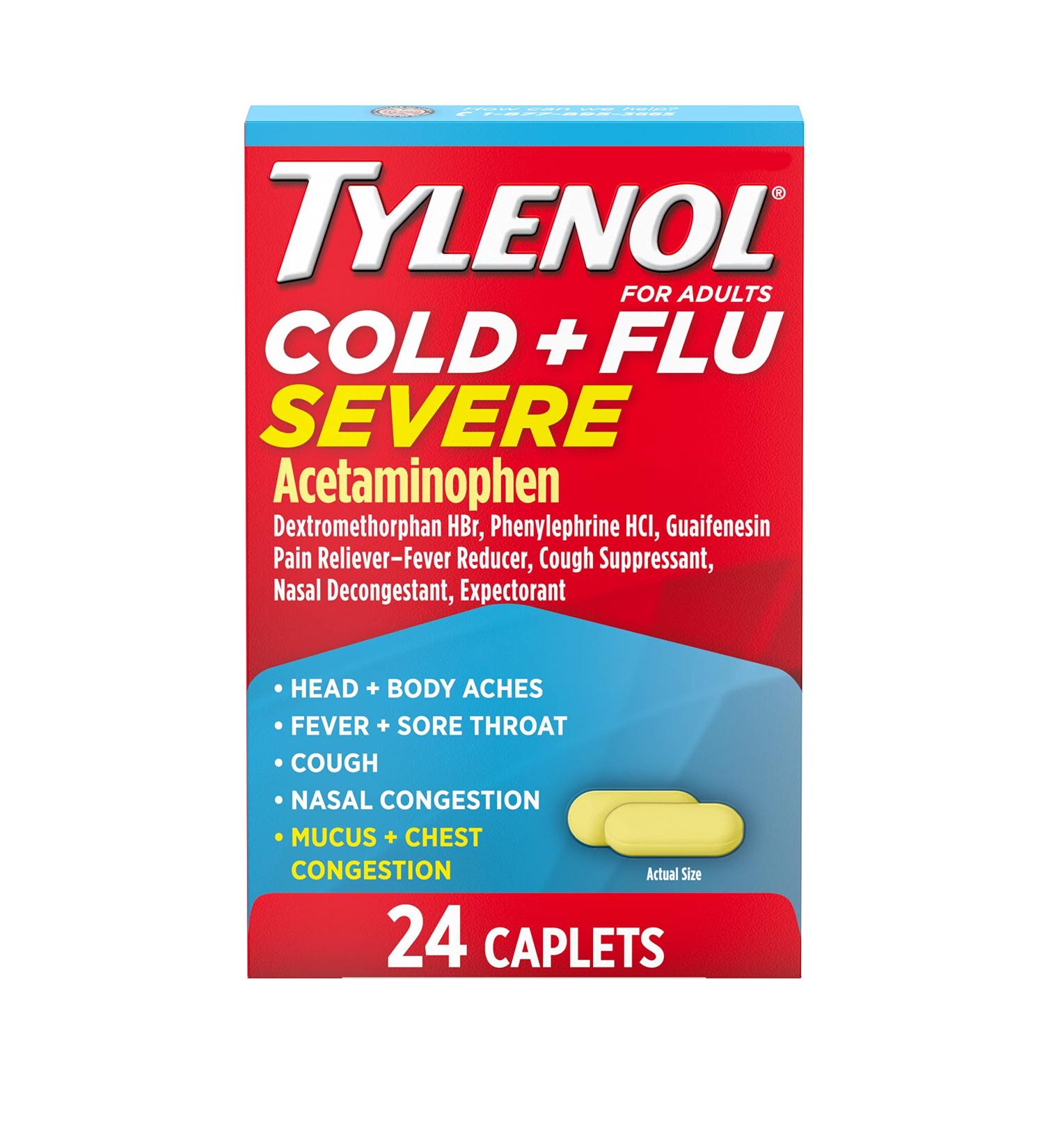 Tylenol Cold & Flu Severe Caplets - 24 ct Relief for Fever, Pain, Cough & Congestion - Buy Online on GoSupps.com