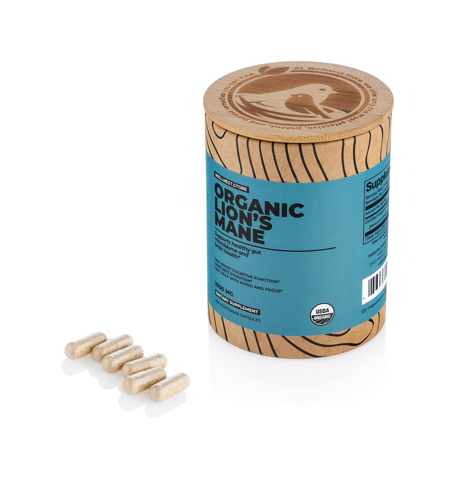 Lions Mane Mushroom Organic Supplement - 200 Veggie Caps for Immune Support & Cognitive Function | Wellnest.Store - Buy Online on GoSupps.com