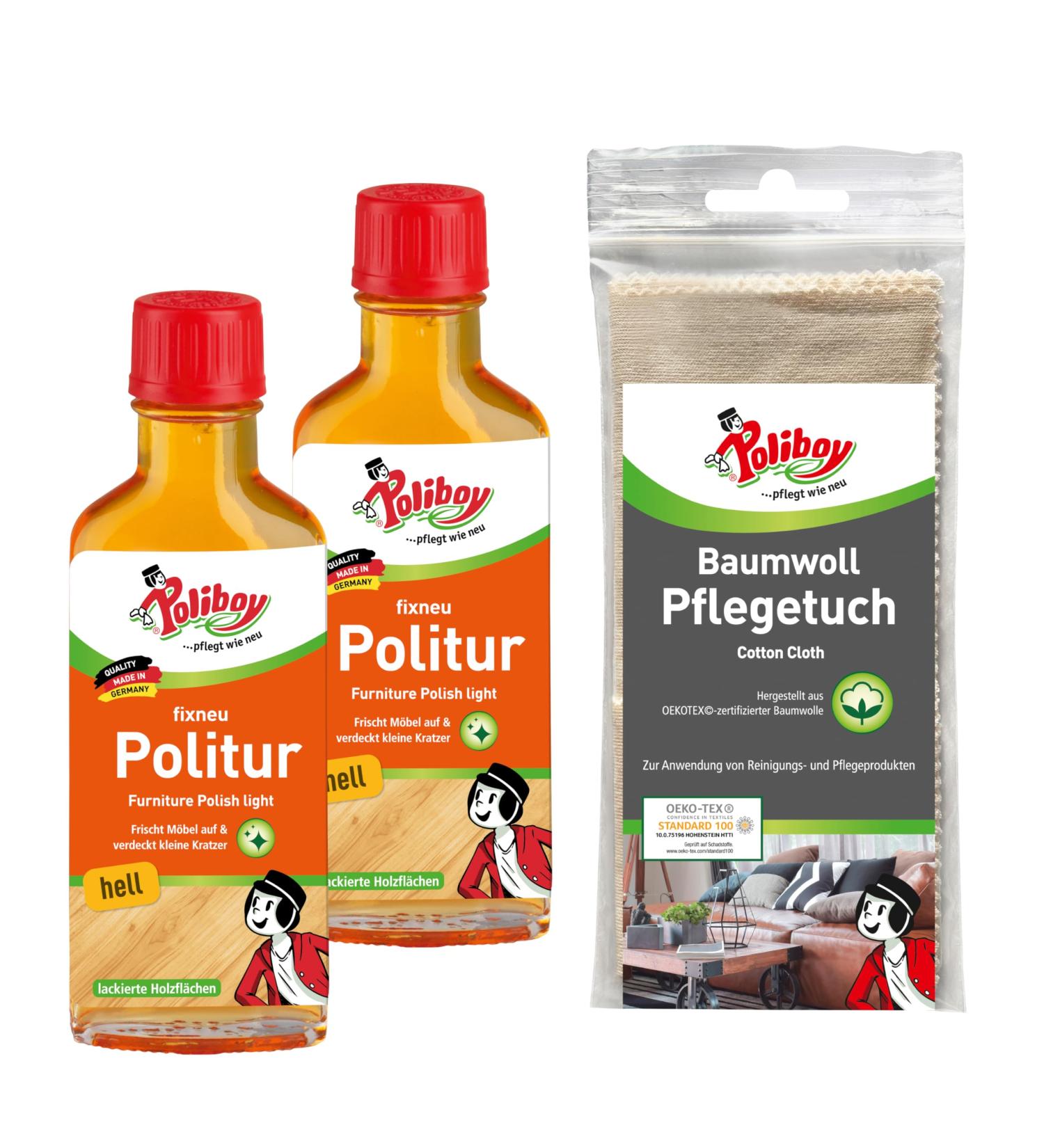 Poliboy Fix Neu Politur Hell - Premium Furniture Polish for Bright Lacquered Woods - Refreshing 2x100ml Pack with Cotton Cloth - Made in Germany - Buy Online on GoSupps.com